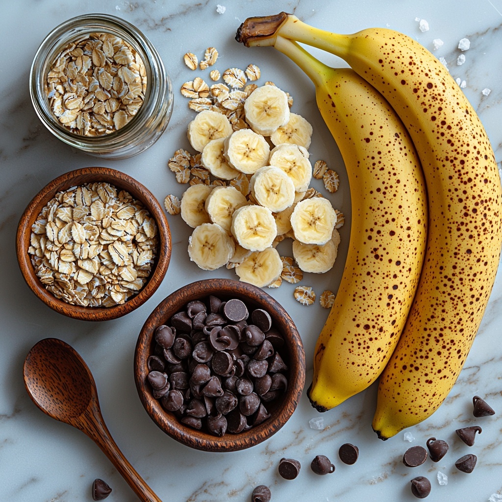 Ripe bananas, two large eggs in a small clear glass bowl, a small jar of vanilla extract with a wooden spoon resting beside it, a small dish of coarse salt crystals, a neat pile of old-fashioned oats with visible flakes texture, a small rustic bowl filled with glossy semi-sweet chocolate chips, all arranged artfully on a clean white marble surface. The bananas have vibrant yellow skin with brown speckles, the oats show natural creamy beige tones, and the chocolate chips are rich dark brown, creating contrast. Soft natural light casts gentle shadows highlighting the textures of each ingredient. Minimalist styling with a few scattered oats and chocolate chips around the containers add casual charm. Overhead shot, top down view, flat lay photography, professional food styling --ar 1:1 --q 2 --s 750 --v 6.1