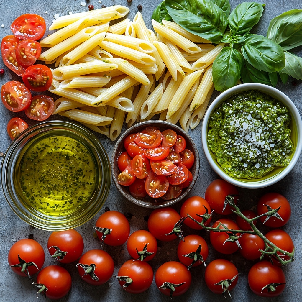 A vibrant flat lay of fresh ingredients for pesto pasta arranged neatly on a clean white surface. Includes a small mound of uncooked penne pasta with golden yellow tones, a glass bowl of bright green fresh basil pesto exhibiting a rich, creamy texture, a rustic white bowl filled with glossy, halved red cherry tomatoes, a small clear glass dish of golden olive oil catching the light, scattered coarse salt crystals and cracked black peppercorns arranged artistically nearby. A small mound of finely grated pale Parmesan cheese with a light, crumbly texture, and a few fresh basil leaves with deep green color placed casually to add freshness and contrast. The composition balances vibrant reds, greens, and yellows with natural textures and simple elegant styling. Soft natural lighting enhances the colors and subtle shadows, capturing the essence of fresh, wholesome ingredients in a clean, minimal aesthetic. Overhead shot, top down view, flat lay photography, professional food styling --ar 1:1 --q 2 --s 750 --v 6.1