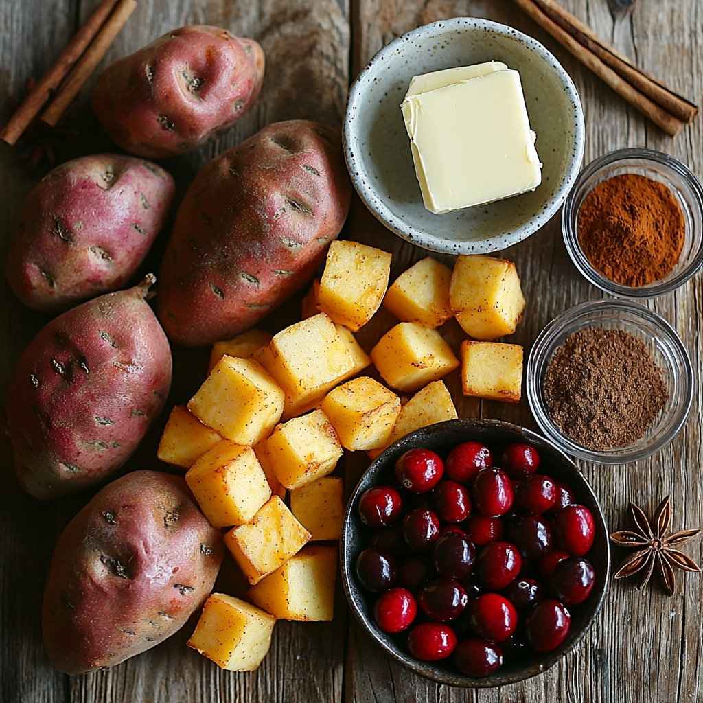 4 medium sweet potatoes, whole and halved showing vibrant orange flesh; 1 cup fresh bright red cranberries scattered loosely; 1 cup diced apples with crisp pale yellow and red skin pieces; 4 tablespoons unsalted butter in a small rustic ceramic bowl, creamy and smooth; 1 teaspoon ground cinnamon in a tiny wooden spoon, warm brown powder; 2 tablespoons rich brown sugar in a small glass dish, coarse texture; salt and pepper in minimalist white ceramic bowls; all ingredients artfully arranged on a clean, light wooden surface with natural soft daylight creating gentle shadows and vibrant colors; emphasis on contrasting textures—smooth butter, rough sweet potato skin, plump cranberries, and crisp apple pieces; surrounded by subtle autumnal props like a cinnamon stick and a linen napkin for warmth; overhead shot, top down view, flat lay photography, professional food styling --ar 1:1 --q 2 --s 750 --v 6.1