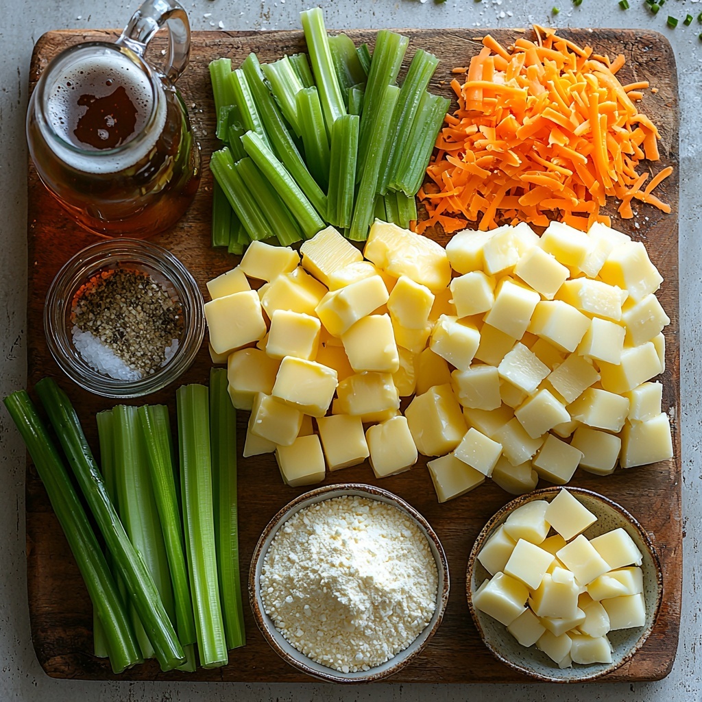 A clean, bright white surface arranged with all the ingredients for cheesy potato beer soup in a neat flat lay composition: five tablespoons of golden Kerrygold unsalted butter on a small wooden butter dish; a halved yellow onion with one half showing its concentric layers; two fresh celery stalks with crisp green leaves, alongside two vibrant orange carrots; four cloves of freshly minced garlic placed in a small white ramekin; a heap of fine white King Arthur all-purpose flour in a small ceramic bowl; a clear glass measuring cup partially filled with rich, deep brown stout beer; a glass pitcher of creamy off-white milk; three medium-sized russet potatoes diced into uniform half-inch cubes displayed on a rustic wooden board; a small mound of bright orange shredded cheddar cheese from a block; a small clear bowl of golden beef broth beside a half cup of clear water in a measuring cup; coarse salt and cracked black pepper arranged in vintage salt and pepper shakers; fresh chopped chives scattered artistically near the center; two crispy, crumbled bacon slices with visible savory texture on a small plate. The colors range from the creamy whites and yellows to deep browns and vibrant greens, with textures varying from soft butter to crisp vegetables and shredded cheese. The arrangement is balanced and inviting, with natural light highlighting the ingredients’ freshness and richness. Overhead shot, top down view, flat lay photography, professional food styling --ar 1:1 --q 2 --s 750 --v 6.1