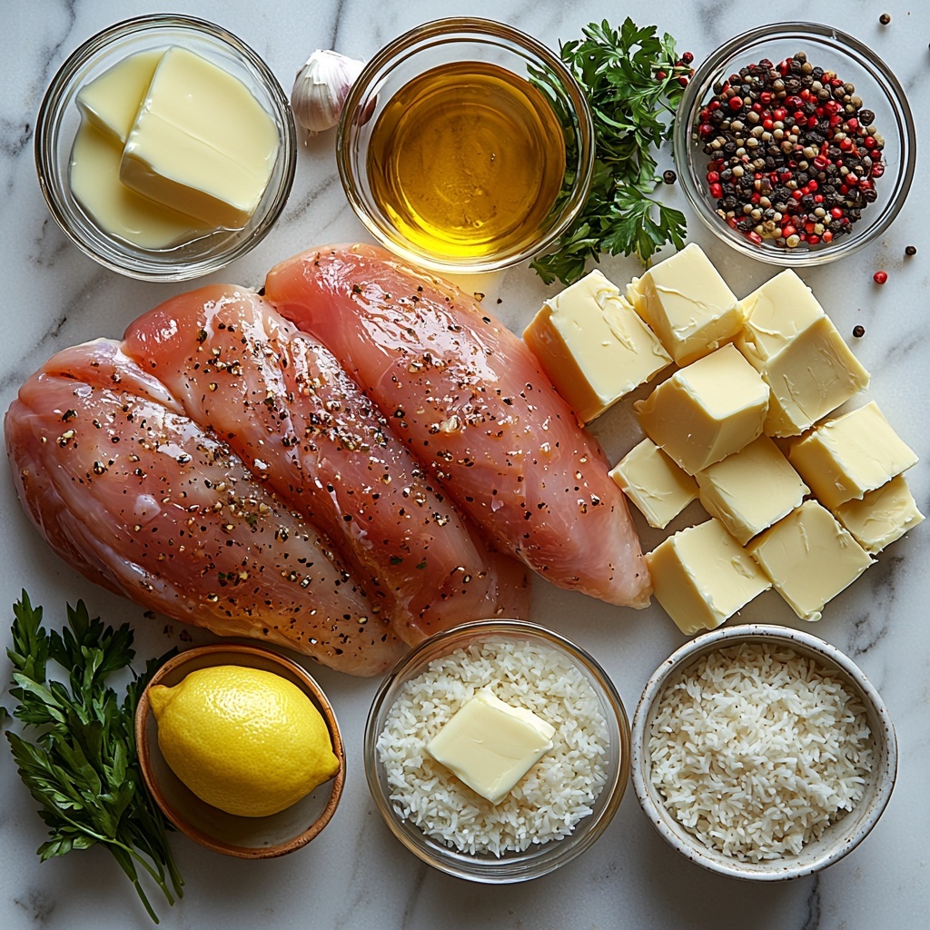 Flat lay overhead shot of main ingredients for Chicken Scampi with Garlic Parmesan Rice neatly arranged on a clean white marble surface: two large raw chicken breasts with a light sheen, a small bowl of minced fresh garlic cloves showing their fine texture, a small glass dish of golden olive oil, a slab of creamy butter with a slight gloss, a small transparent bowl of bright yellow lemon juice, a clear measuring cup with rich golden chicken broth, a small bowl of finely grated white Parmesan cheese with fluffy texture, a glass ramekin of smooth heavy cream, a mound of uncooked long-grain white rice with visible individual grains, a small bowl of vibrant chopped fresh green parsley, and tiny piles of coarse salt, cracked black pepper, and crushed red pepper flakes showing red and black specks. Ingredients arranged with some elements spilling gently from bowls to add natural texture and casual elegance. Soft natural lighting highlighting the fresh textures and subtle color contrasts. White ceramic and glass containers with minimal shadows for a clean, modern look. Overhead shot, top down view, flat lay photography, professional food styling --ar 1:1 --q 2 --s 750 --v 6.1