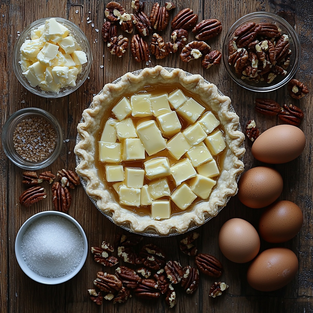 A clean, rustic wooden surface with the main ingredients for pecan pie artfully arranged in a balanced flat lay composition. A single unbaked 9-inch pie crust rests on a small ceramic pie dish, its crimped edges neatly visible. Nearby, a small glass bowl holds melted golden butter, glistening under soft natural light. Next to it, a clear measuring cup with rich, amber-colored golden corn syrup catches subtle reflections. A small mound of light brown brown sugar with a grainy texture sits beside three large fresh brown eggs with smooth, matte shells. A tiny white porcelain spoon delicately holds ground cinnamon, its warm reddish-brown powder contrasting with the clean surface. A small pinch bowl contains fine white salt crystals that sparkle faintly. Scattered nearby are glossy, deep brown pecan halves, showing their distinctive textured grooves. The arrangement features warm, natural hues—cream, amber, golden brown, and rich pecan browns—enhanced by soft, diffused sunlight creating gentle shadows and highlights. The overall mood is inviting and warm, with a sense of homemade comfort and artisanal craft. Overhead shot, top down view, flat lay photography, professional food styling --ar 1:1 --q 2 --s 750 --v 6.1