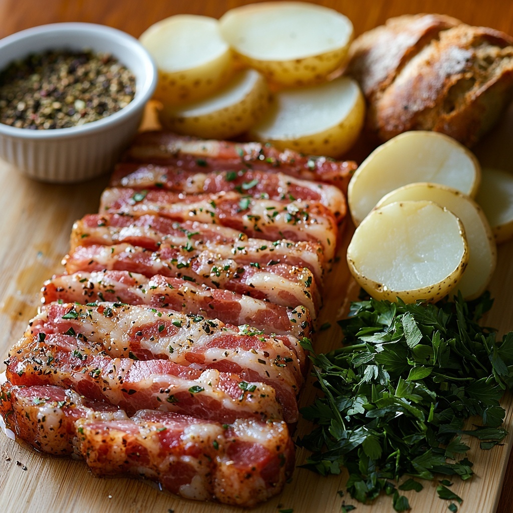 Thick-cut bacon slices with rich pink and white marbling, uncooked Irish pork sausage links in natural casing with a pale beige tone, peeled russet potatoes cut into 1/3-inch thick round slices showing creamy off-white flesh, yellow onions sliced into translucent rings with delicate layered textures, a small bowl of finely chopped fresh parsley vibrant green leaves, three glossy dark green bay leaves, rustic coarse kosher salt crystals scattered artfully, a small heap of dried thyme with fine needle-like leaves in muted sage green, freshly ground white or black pepper specks, a small clear bowl of low-sodium chicken broth with golden hue, all ingredients arranged on a smooth light wooden surface to emphasize natural colors and textures. The bacon and sausage placed side by side showing varied shapes and fat content, potato slices and onion rings stacked neatly in fanned piles, parsley and dried herbs in small neat piles for contrast, bay leaves arranged with glossy texture visible, kosher salt and pepper artfully sprinkled around for visual interest, a piece of crusty bread with golden crust and rustic texture positioned on the side to balance composition. Soft natural lighting from one side casting gentle shadows, with subtle highlights enhancing the moist and fresh appeal of the ingredients. Overhead shot, top down view, flat lay photography, professional food styling --ar 1:1 --q 2 --s 750 --v 6.1