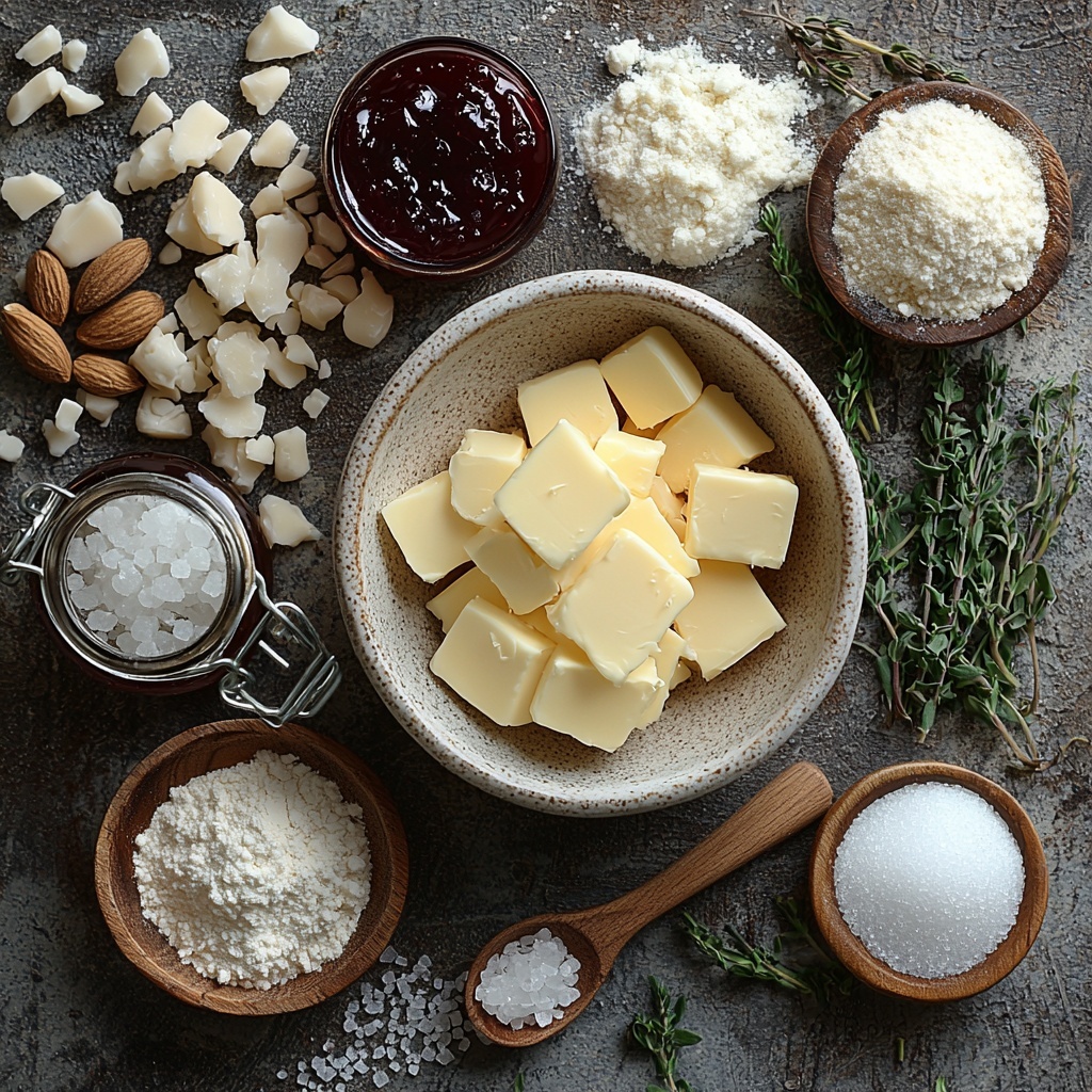Unsalted butter softened in a small ceramic bowl, pale creamy yellow with a smooth texture; granulated sugar in a clear glass bowl showing sparkling white crystals; a small glass vial of pure vanilla extract with dark amber liquid; a tiny dish of almond extract with a light translucent tint; all-purpose flour loosely piled in a rustic white ceramic bowl, powdery and soft; a small pile of fine salt crystals on a wooden spoon; vibrant seedless jam in a small white ramekin, deep red raspberry or strawberry color with glossy, thick texture; ingredients neatly arranged on a clean, light gray stone surface with soft natural daylight casting gentle shadows; minimal props including a wooden spoon and a vintage metal measuring cup; bright and airy mood accentuating the textures and natural colors; subtle sprigs of fresh herbs for a touch of green contrast; overhead shot, top down view, flat lay photography, professional food styling --ar 1:1 --q 2 --s 750 --v 6.1