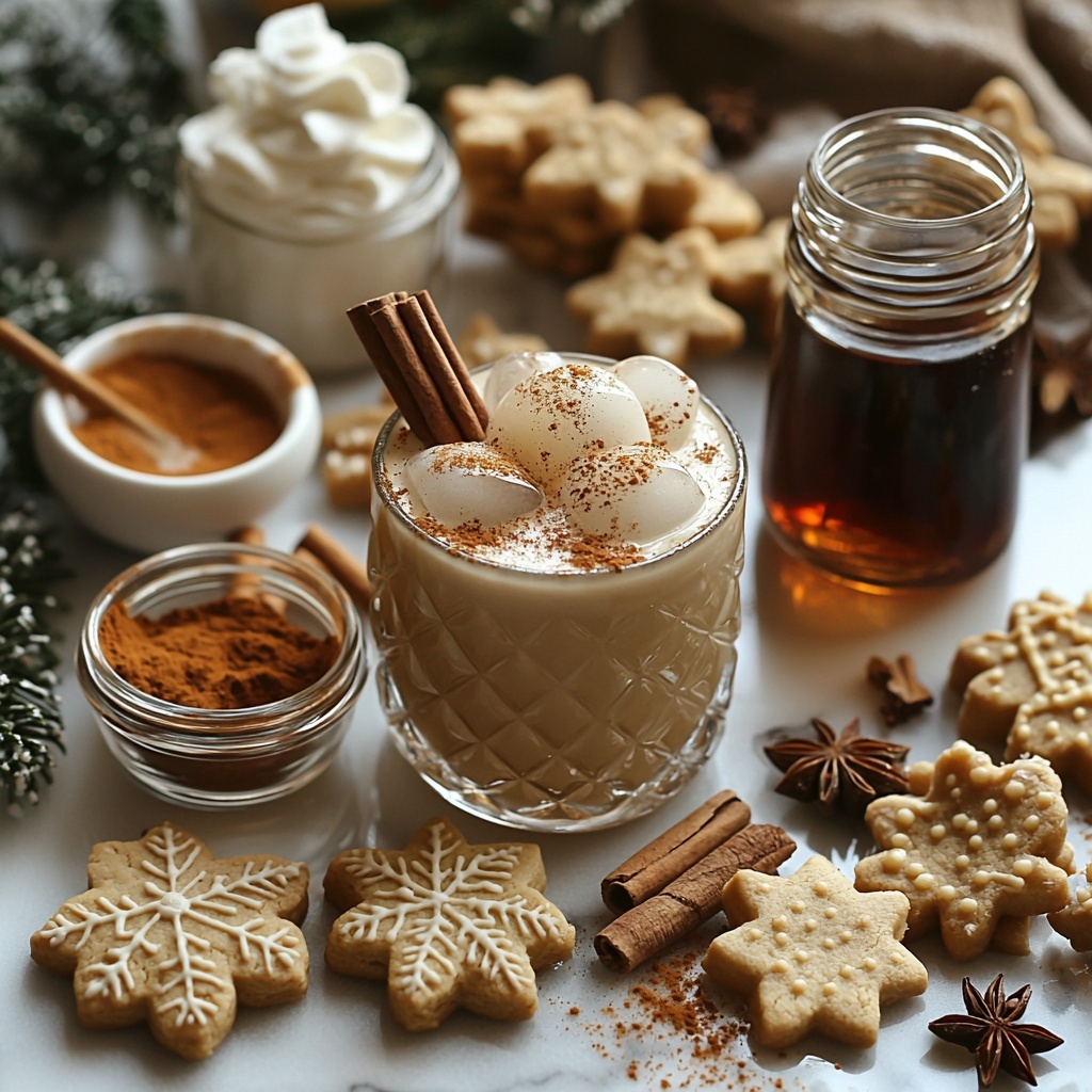 gingerbread white russian ingredients neatly arranged on a clean white marble surface: a small glass bowl of golden honey with smooth texture, an elegant amber bottle of molasses, thinly sliced fresh ginger pieces stacked delicately, two rustic cinnamon sticks crossed artistically, a small clear glass vial of pure vanilla extract, scattered irregular ice cubes glistening cold, a shot glass filled with clear vodka, a small glass of dark brown Kahlúa coffee liqueur, a small jar of rich gingerbread syrup with deep brown hue, a small cup of creamy heavy cream with soft texture, a shallow white dish holding cinnamon and sugar mix for rimming the glass, a few miniature gingerbread cookies with intricate icing details placed casually, light dusting of ground cinnamon and nutmeg dusted gently across the scene, natural soft lighting highlighting warm tones and varied textures, subtle shadows for depth, minimalist styling emphasizing cozy festive vibe, overhead shot, top down view, flat lay photography, professional food styling --ar 1:1 --q 2 --s 750 --v 6.1