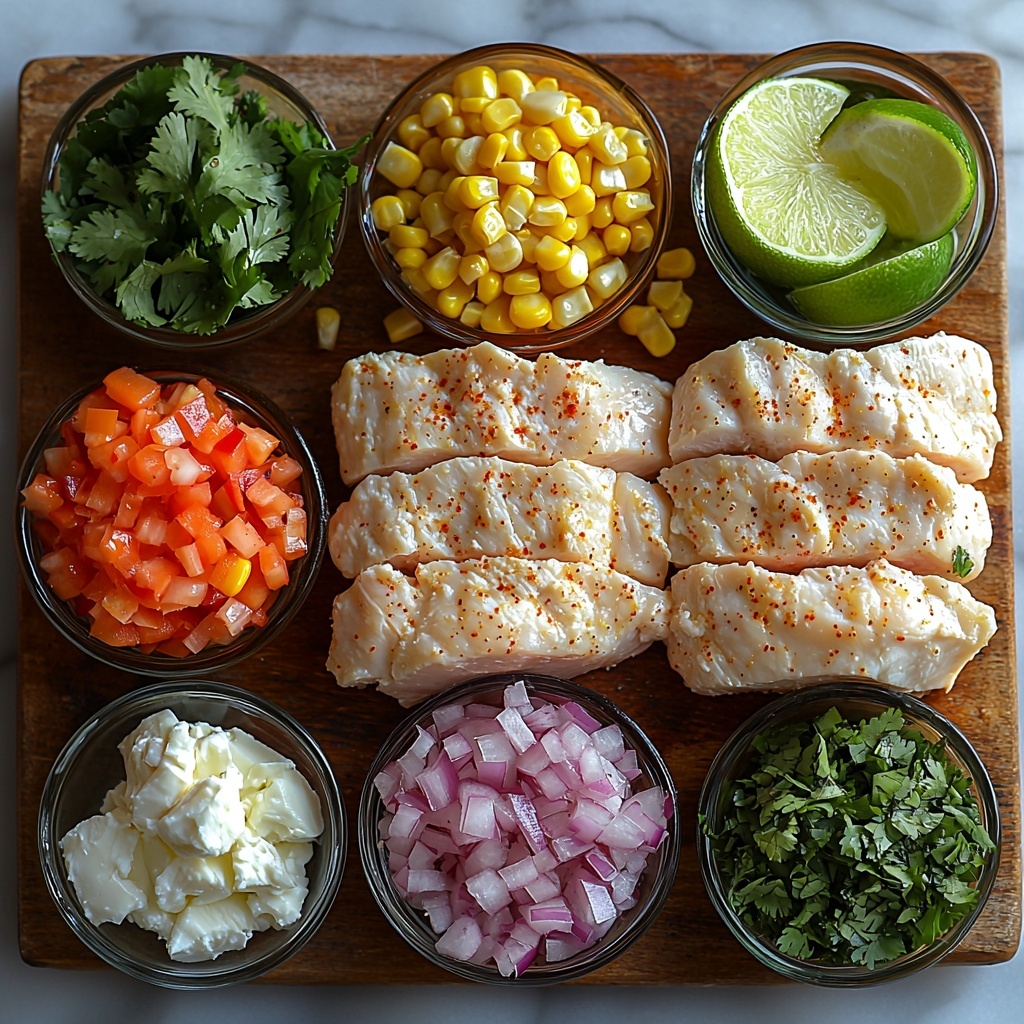 A vibrant flat lay of Mexican street corn soup ingredients arranged neatly on a clean white marble surface. Include small rustic bowls with fire-roasted corn kernels, diced green chiles, and crumbled queso fresco. Place two raw skinless, boneless chicken breasts side by side, surrounded by a glistening puddle of olive oil in a small glass dish. Arrange a small pile of diced red onion, minced garlic cloves, and diced jalapeño neatly in separate clusters. Show a heap of bright green chopped cilantro nearby, with lime wedges and a halved lime for fresh citrus color. Scatter Tajín seasoning, ground cumin, chili powder, salt, and freshly ground black pepper in tiny ceramic spoons or small piles to highlight their vibrant earthy tones. Include a small bowl of creamy full-fat sour cream and shredded Monterey Jack cheese, showing their soft textures. The colors should contrast beautifully—deep reds, vibrant greens, creamy whites, and golden yellows—creating a warm, inviting palette. Soft natural lighting emphasizes the freshness and texture of each ingredient, with gentle shadows for dimension. The composition is balanced, clean, and styled for an appetizing, professional food photography look. overhead shot, top down view, flat lay photography, professional food styling --ar 1:1 --q 2 --s 750 --v 6.1