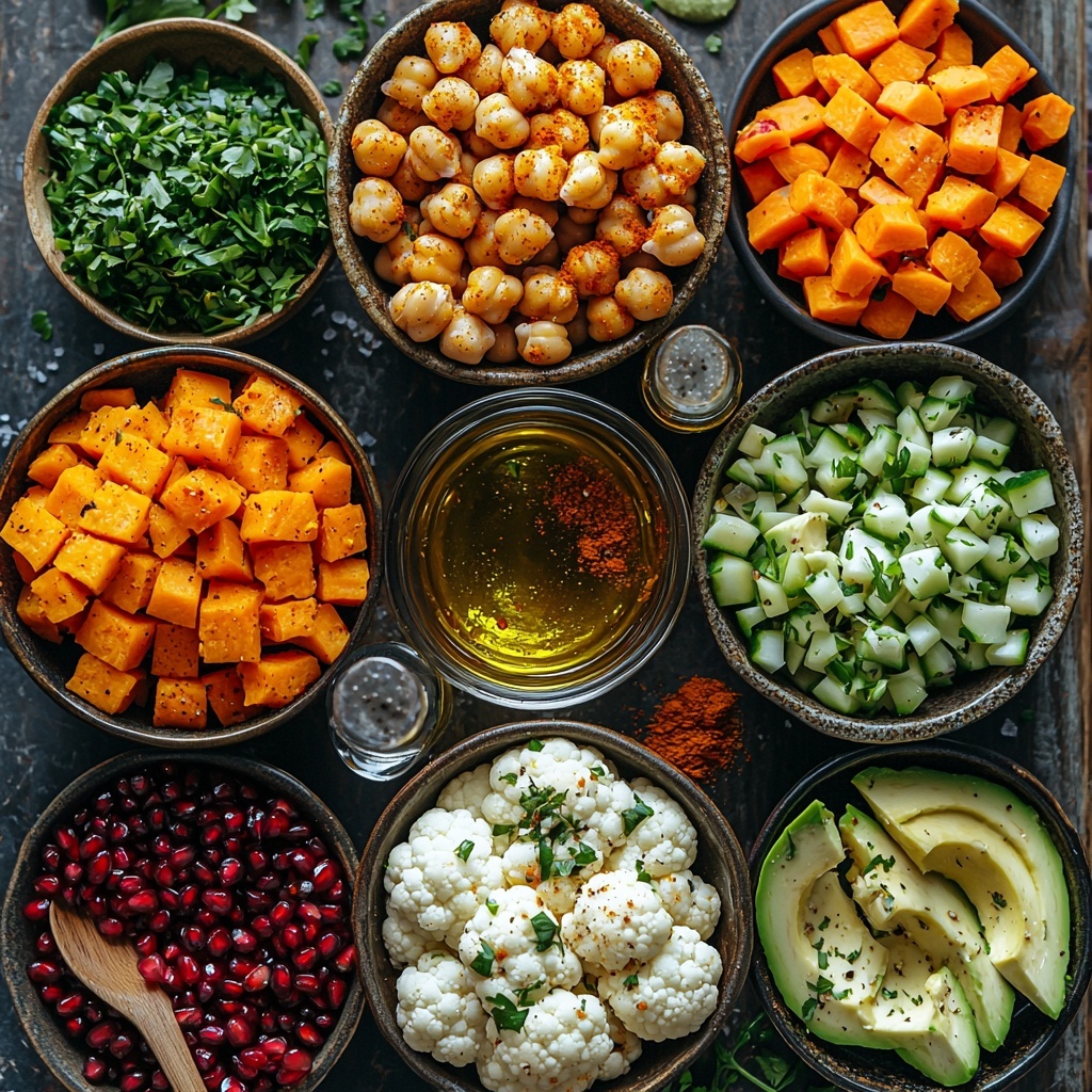 1 cup cauliflower florets, 1 cup cubed sweet potato, 1 cup sliced carrots, 1 cup cooked chickpeas, small bowls of olive oil, smoked paprika, ground cumin, turmeric, salt, black pepper, a bowl of tahini, lemon juice in a small glass container, maple syrup or honey in a drizzle dish, water in a small bowl, 2 cups cooked quinoa, chopped fresh parsley, optional pomegranate seeds, pumpkin seeds, sliced avocado pieces – all arranged neatly on a clean, neutral light-colored surface with ample natural light to highlight the vibrant colors and varying textures: the creamy cauliflower, bright orange sweet potatoes, orange carrots, golden chickpeas, rich golden spices, smooth tahini, fresh green parsley, and jewel-toned pomegranate seeds. Ingredients separated into small bowls and loose for organic feel, with rustic wooden spoons and linen napkins softly draped nearby for warmth and depth. Slight shadows add dimension, styled to emphasize freshness and wholesome natural elements. overhead shot, top down view, flat lay photography, professional food styling --ar 1:1 --q 2 --s 750 --v 6.1