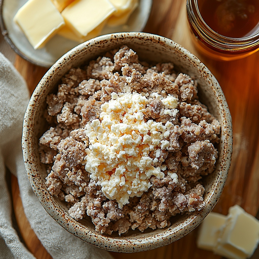 3 cups of dry pancake mix in a rustic ceramic bowl, 1 lb of browned breakfast sausage crumbled and placed on a small white plate, 1 cup of shredded sharp cheddar cheese in a clear glass bowl showing bright orange-yellow color and fine texture, a small glass container with 1/4 cup amber-colored syrup glistening under soft light, a few pats of pale creamy butter arranged neatly on a wooden board. All ingredients are arranged neatly on a clean, light-colored wooden surface with soft natural lighting creating gentle shadows, enhancing the warm tones of the sausage and cheese. Minimalist styling with a neutral linen napkin partially visible at the edge, subtle flour dusting around the pancake mix bowl for texture and authenticity, emphasizing cozy homemade breakfast vibes. overhead shot, top down view, flat lay photography, professional food styling --ar 1:1 --q 2 --s 750 --v 6.1