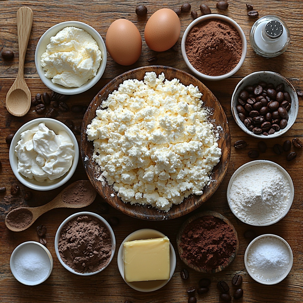 a clean, light wooden surface with all main ingredients for tiramisu cookies artfully arranged in a balanced flat lay: a small bowl of all-purpose flour showing soft, fine powder; a neat mound of white granulated sugar next to softened pale yellow unsalted butter with a visible creamy texture; a small ceramic dish holding fine espresso powder with rich dark brown color; a glass bowl with confectioners' sugar, smooth and snowy white; a cracked large egg with the yolk exposed in a simple white ramekin; a small jar of amber vanilla extract with a glistening sheen; several scoops of mascarpone cheese, creamy and off-white, in a rustic bowl; a metal cup filled with heavy cream, glossy and thick; a dish of cocoa powder with deep reddish-brown hues sprinkled lightly around; white and brown baking powder, baking soda, and salt arranged in small white porcelain spoons to add texture and contrast; wooden spoons and measuring cups placed organically around to add warmth; natural diffused daylight highlighting the textures and soft shadows; subtle hints of rustic linen fabric edges peeking into frame for a cozy touch; warm, inviting color palette emphasizing creams, whites, browns, and yellows overhead shot, top down view, flat lay photography, professional food styling --ar 1:1 --q 2 --s 750 --v 6.1