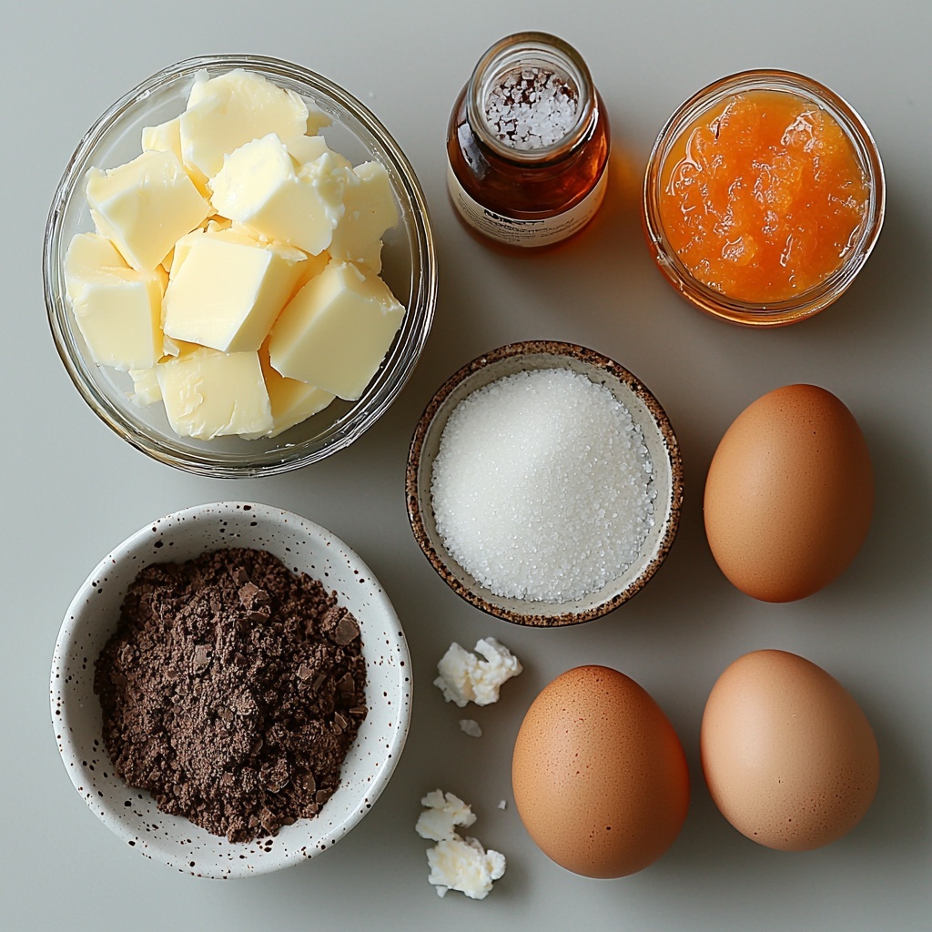 Melted unsalted butter in a small glass bowl with golden sheen, granulated white sugar scattered lightly in a neat pile and in a small white ceramic bowl, four large fresh brown eggs arranged in a cluster with smooth shells, a small glass jar of amber vanilla extract, a mound of fine all-purpose flour with soft white powdery texture on a wooden spoon, deep rich unsweetened cocoa powder in a ceramic bowl showing velvety dark brown texture, a small heap of coarse salt crystals sparkling under the light; alongside 8 oz soft cream cheese in a rounded block with a creamy off-white color, vibrant orange pumpkin puree in a rustic bowl with glossy surface, a second small pile of granulated sugar similar to the first, two more large eggs matching the first set, a small glass bottle of vanilla extract identical to the first, ground cinnamon with warm reddish-brown hue in a tiny bowl, ground nutmeg with fine sandy texture and pale brown color, delicate ground ginger powder in a pale creamy tone, and a tiny pinch of salt crystals; all ingredients carefully spaced with natural shadows on a clean white matte surface, styled with a mix of ceramic, glass, and wooden props, soft diffused natural light enhancing the warm tones and textures, subtle gentle shadows for depth, minimalist aesthetic with slight rustic charm, overhead shot, top down view, flat lay photography, professional food styling --ar 1:1 --q 2 --s 750 --v 6.1