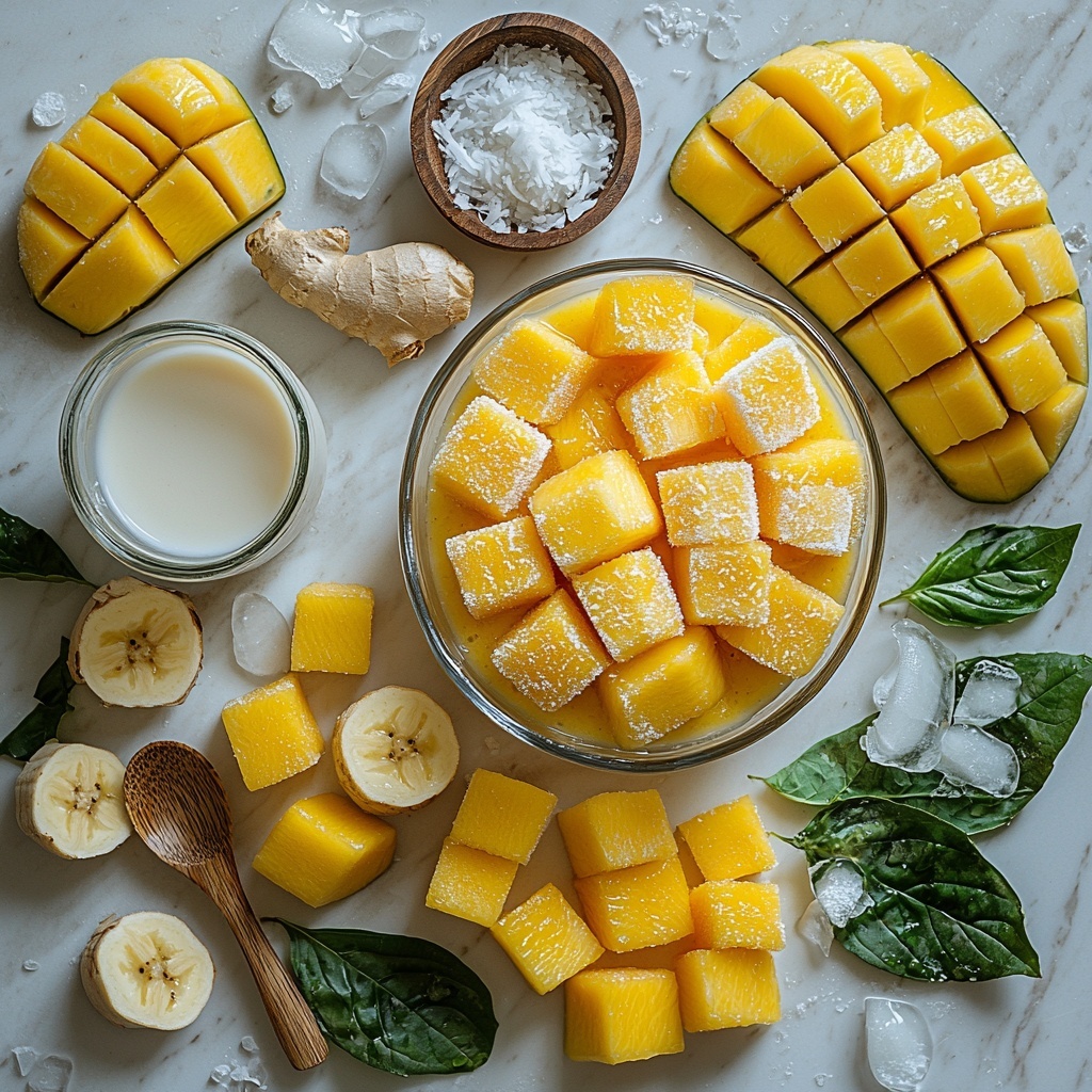 A vibrant flat lay of main ingredients for a vegan mango smoothie bowl arranged neatly on a clean white marble surface: bright golden frozen mango chunks in a small glass bowl, halved frozen bananas with frosty texture placed nearby, a small clear glass cup filled with creamy white coconut milk, a tiny bowl with translucent water droplets visible, and a small wooden spoon holding a pinch of freshly grated pale yellow ginger. Scattered delicate mango leaves and a few ice crystals on the edges add freshness and texture contrast. Soft natural lighting highlighting the vivid yellows and creamy whites, subtle shadows enhancing depth, minimalistic styling with a clean, airy background. Overhead shot, top down view, flat lay photography, professional food styling --ar 1:1 --q 2 --s 750 --v 6.1
