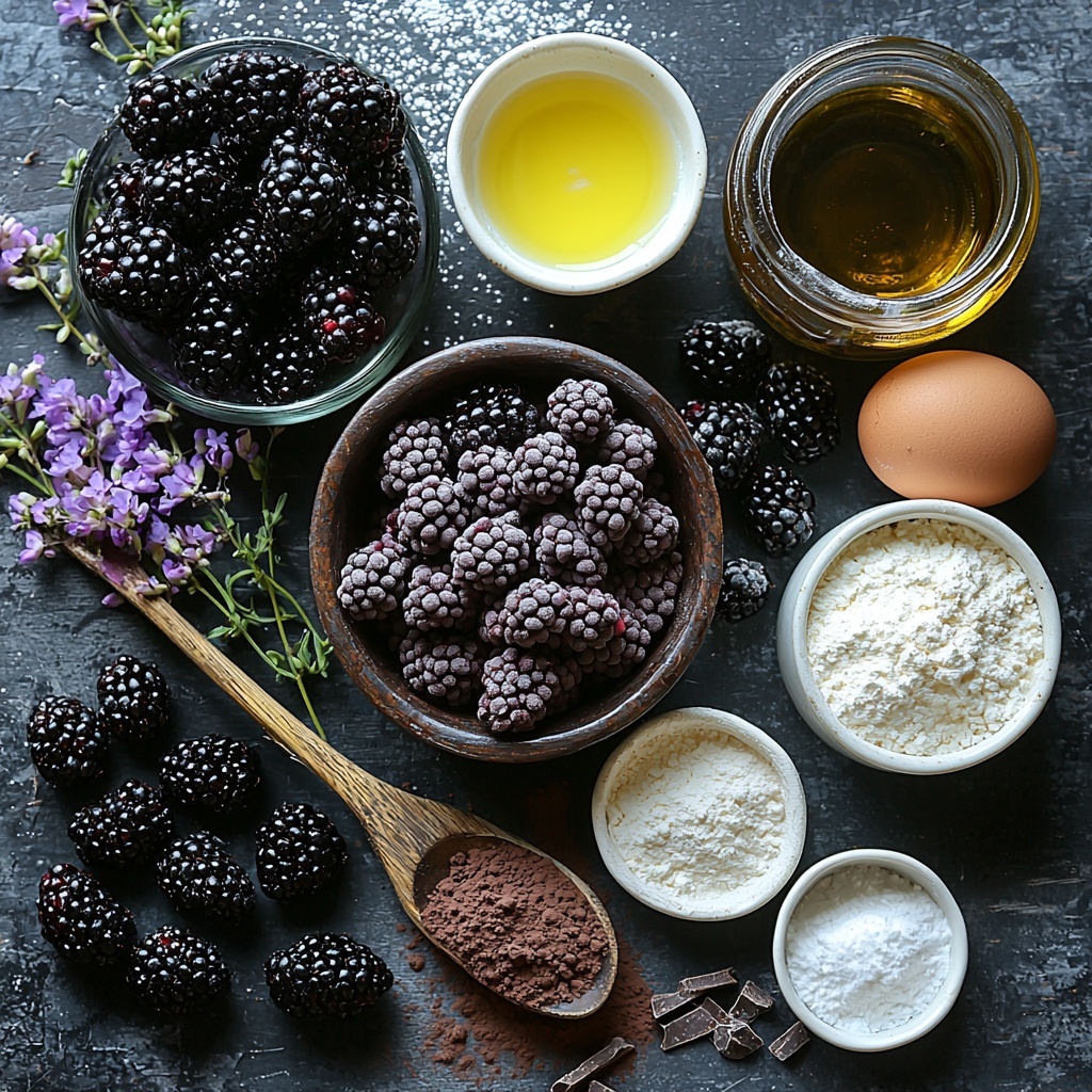 A beautifully arranged flat lay of the main ingredients for a Blackberry Velvet Gothic Cake on a clean, matte black surface to enhance the rich, moody colors. Include a rustic ceramic bowl of deep red and purple fresh blackberries, a small heap of dark unsweetened cocoa powder on a wooden spoon, and a mound of fine white all-purpose flour gently dusted around it. Nearby, a small vintage glass jar of golden vegetable oil, a small clear bowl of pale buttermilk reflecting soft light, and a glass measuring cup filled with granulated sugar sparkling subtly. Scatter a few large brown eggs with smooth shells, and place a tiny white bowl of baking powder, baking soda, and salt arranged neatly in minimalist white ramekins. Incorporate a small bowl of glossy heavy whipping cream next to a sifter dusted lightly with powdered sugar, and a delicate glass bowl of shiny lemon juice. Add a small clear bowl with translucent cornstarch-water slurry, and a few dark chocolate shavings scattered artistically near vibrant edible flowers with deep purples and reds to echo the blackberry tones. The textures range from smooth liquids and powders to juicy berries and delicate petals, each element spaced evenly with soft natural light emphasizing freshness and richness. Overhead shot, top down view, flat lay photography, professional food styling --ar 1:1 --q 2 --s 750 --v 6.1