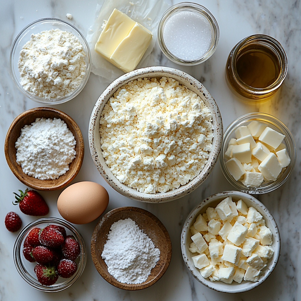 cake flour in a white ceramic bowl, fine white powder texture; small bowl of cornstarch, smooth and pale; teaspoon with baking powder, off-white powder; small pile of salt crystals, sparkling tiny grains; a stick of unsalted butter, creamy pale yellow, room temperature with slight sheen; powdered sugar in a rustic white ceramic bowl, fluffy and snow-like; granulated sugar in a small glass jar, sparkling white crystals; clear glass bowl with golden vegetable oil, glossy and smooth; single large brown egg with smooth shell; small glass bottle of vanilla extract, dark amber liquid; large bowl of softened unsalted butter, creamy pale yellow with soft texture; large bowl of powdered sugar, bright white, fluffy; freeze-dried strawberries crushed to fine pink powder, scattered lightly on a clean white surface and in a small glass bowl; small pile of Golden Oreo cookie crumbs, light tan with crumbly texture; small bowl with melted butter, glossy golden liquid; a crisp white parchment paper folded and placed beneath some ingredients; all ingredients arranged neatly and aesthetically spaced on a bright, clean white countertop; natural soft daylight illuminating from top right casting gentle shadows; minimalistic styling with simple white ceramic and glass containers; subtle pink strawberry powder dusting on surface adding color contrast; overhead shot, top down view, flat lay photography, professional food styling --ar 1:1 --q 2 --s 750 --v 6.1