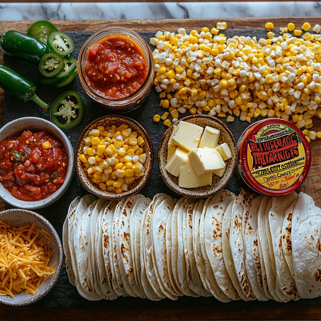 butter in a small vintage dish, diced yellow onion in a neat pile, diced green jalapeno pepper alongside the onion, three cloves of garlic peeled and diced, a small spoonful of rich red tomato paste on a rustic ceramic spoon, a drained can of bright yellow corn kernels heaped in a small white bowl, an unopened can of Rotel diced tomatoes with green chilies showing its label, a bowl of glossy black beans rinsed and drained, a clear glass measuring cup filled with golden chicken broth, two raw boneless skinless chicken breasts placed side by side with smooth texture, small piles of warm brown cayenne pepper and earthy cumin powders on a slate tile, a small bottle of hot sauce with a vibrant red label, an open 1 oz. taco seasoning packet with some seasoning spilled artistically, shredded sharp cheddar cheese in a small pile showing bright orange-yellow hues, a soft mound of cream cheese on a small white plate, corn and flour tortillas stacked casually on a wooden board with soft, warm textures, all arranged symmetrically on a clean white marble surface with natural daylight casting soft shadows, minimal props to keep focus on ingredients, fresh and inviting color palette, overhead shot, top down view, flat lay photography, professional food styling --ar 1:1 --q 2 --s 750 --v 6.1