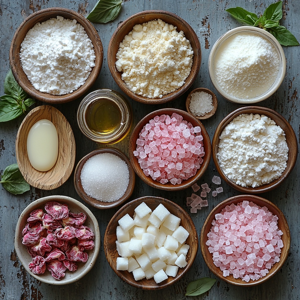 A clean, bright surface featuring the main ingredients for vegan sparkling strawberry sugar cookies arranged neatly in small bowls and measuring cups: a small bowl of creamy white shortening, a bowl of coarse organic vegan cane sugar with sparkling crystals, another bowl of fine organic confectioners sugar with a soft powdery texture, a clear small bowl filled with translucent aquafaba liquid, a small bottle of pure vanilla extract with amber liquid, a tiny dish holding pale almond extract, a small bowl overflowing with vibrant pink pulverized freeze-dried strawberries showcasing a powdery, slightly textured look, a mound of soft, light-colored cake flour next to a small pile of fine white cornstarch, tiny heaps of baking soda, baking powder, and kosher salt each on minimalist white spoons or dishes, and a small bowl of sparkling granulated sugar crystals for rolling. The ingredients are spaced evenly in a harmonious circular or grid pattern, with natural, soft daylight casting gentle shadows to emphasize textures and colors. Subtle props like a wooden spoon, a linen napkin in soft pastel tones, and a hint of greenery add warmth and a fresh, inviting feel to the composition. The overall mood is clean, vibrant, and airy, highlighting the delicate pink tones of the freeze-dried strawberries and the contrasting whites and creams of the sugars and flours. overhead shot, top down view, flat lay photography, professional food styling --ar 1:1 --q 2 --s 750 --v 6.1