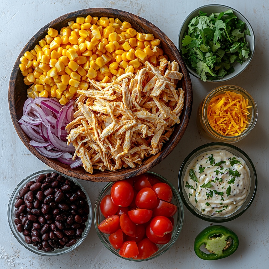 A vibrant flat lay of the main ingredients for a High Protein Southwest Chicken Salad arranged neatly on a bright, clean white surface. Six cups of shredded cooked chicken piled loosely on a rustic wooden bowl, next to a small glass bowl of glossy black beans, and another bowl filled with bright yellow drained corn kernels. Nearby, a small white dish with juicy, diced red tomatoes, and a heap of shredded sharp orange cheddar cheese adding rich texture. Finely chopped deep purple-red onions and finely chopped green jalapeno pieces sprinkled artfully beside a small bunch of fresh, bright green cilantro leaves. A small bowl of creamy, pale off-white mayo dressing with visible flecks of honey and taco seasoning sits close by, alongside a small glass bowl of fresh lime juice glowing with citrus freshness. Scattered coarse salt and freshly ground black pepper add natural texture across the surface. The ingredients have a fresh, colorful, and appetizing appearance with a balanced composition emphasizing contrasting colors—greens, reds, yellows, and creamy whites. Soft natural light creates gentle shadows and highlights the varied textures from smooth beans to shredded chicken fibers. Overhead shot, top down view, flat lay photography, professional food styling --ar 1:1 --q 2 --s 750 --v 6.1