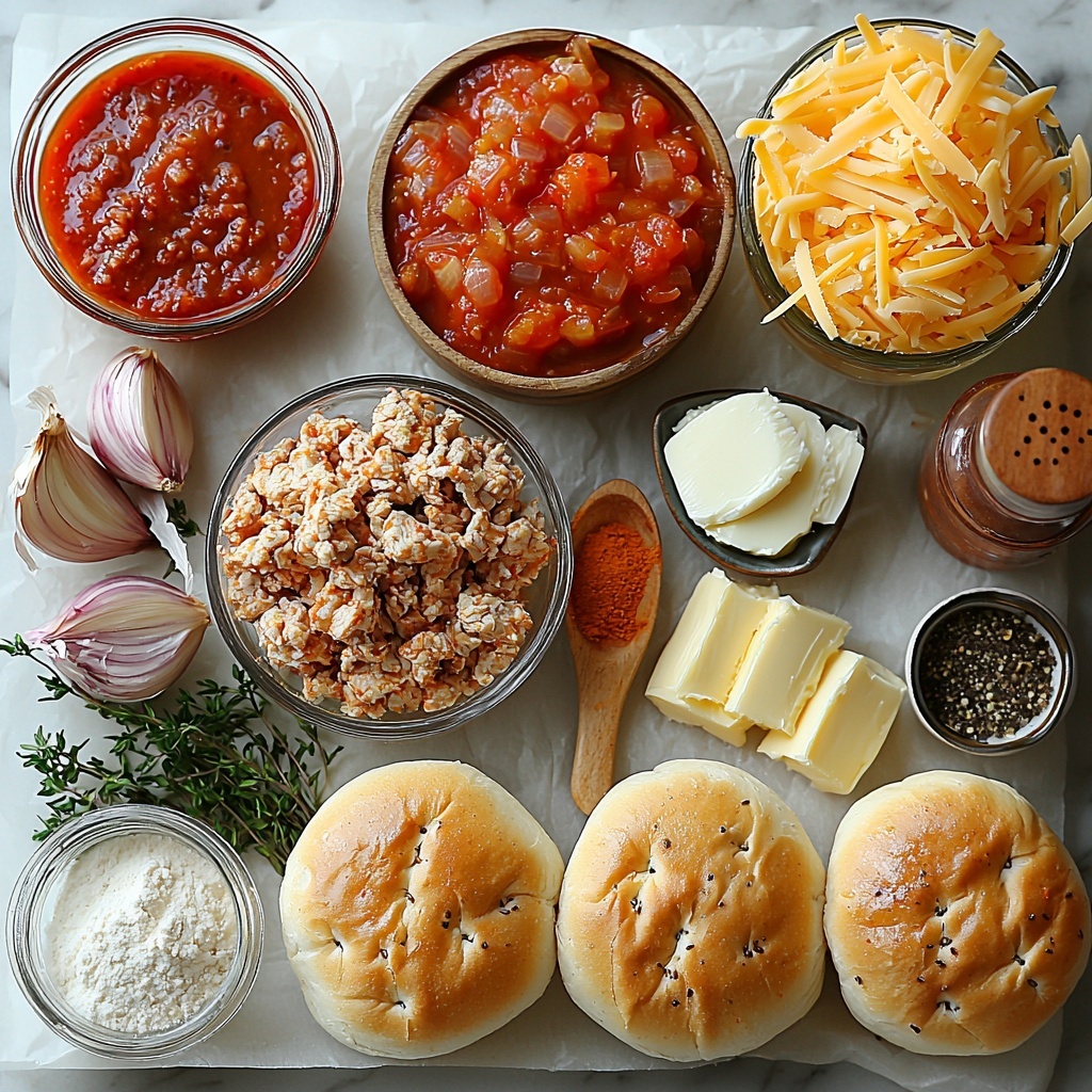 A vibrant flat lay arrangement of Cajun Chicken Sloppy Joes ingredients on a clean white surface: a small glass bowl with vibrant red tomato paste, a rustic wooden spoon holding deep red Cajun seasoning powder, a mound of finely chopped translucent onion, two peeled garlic cloves, a golden pool of olive oil in a small clear dish, raw ground chicken shaped loosely in a neat pile with its pale pink texture, a small white ramekin of smooth brown Worcestershire sauce, a half cup measuring cup filled with rich red tomato sauce, a small bowl of low-sodium chicken broth showing a light golden liquid, a teaspoon scoop of light brown granulated brown sugar, a pat of creamy unsalted butter on parchment, a small heap of fine pale all-purpose flour, a clear glass jug of whole milk with a milky white sheen, freshly shredded sharp cheddar cheese bright orange and soft, a sprinkling of paprika powder vivid red-orange on a white ceramic dish, a pinch of coarse salt crystals, four glossy golden brioche hamburger buns split and arranged neatly with a small dish of softened butter beside them, a pepper mill and some freshly ground black pepper scattered artfully. The ingredients are spaced evenly with balanced negative space, natural soft daylight highlighting vivid colors and textures, shadows soft and minimal, clean modern styling accents with a few sprigs of fresh herbs for contrast, all styled for a crisp, inviting overhead shot, top down view, flat lay photography, professional food styling --ar 1:1 --q 2 --s 750 --v 6.1