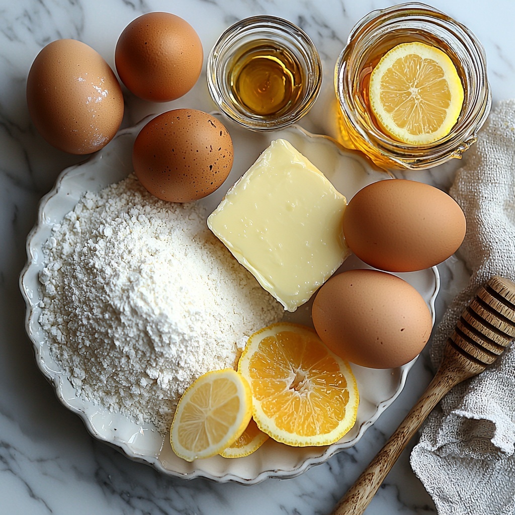 all-purpose flour in a small heap on a white ceramic plate, three large brown eggs with smooth shells arranged neatly beside it, a small vintage glass bowl filled with granulated sugar sparkling under soft light, a pat of softened unsalted butter on a rustic wooden butter knife, a small glass dish with golden vanilla extract, fresh lemon and orange zests finely grated displayed in tiny piles showing bright yellow and vibrant orange colors, a tiny porcelain spoon holding fine white baking powder, a small bowl of coarse salt crystals, a clear glass jug with light golden neutral oil (canola or sunflower), a small jar of thick amber honey glistening, a shallow dish with fine granulated sugar crystals, a wedge of fresh lemon showcasing bright yellow flesh for lemon juice, and a scattering of colorful nonpareil sprinkles and rainbow jimmies, all carefully arranged on a clean, white marble surface with natural daylight casting soft, diffused shadows, minimalistic styling emphasizing textures and color contrast, subtle linen napkin in the corner, overhead shot, top down view, flat lay photography, professional food styling --ar 1:1 --q 2 --s 750 --v 6.1
