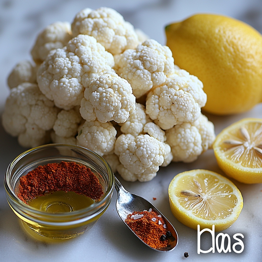 16 ounces fresh cauliflower florets, a small glass bowl with garlic powder, paprika, salt, and pepper mixed together, a drizzle of golden oil in a clear measuring spoon, a whole bright yellow lemon, all arranged neatly on a clean white marble surface. The cauliflower florets are loosely scattered in a natural, slightly asymmetrical cluster to show their cream-white, bumpy texture. The spice mix sits beside the cauliflower in the bowl, showcasing warm red and brown tones. The lemon adds a pop of vibrant color with its smooth, dimpled skin, placed to one side with a few lemon wedges sliced nearby for visual interest. The oil’s glossy sheen glistens subtly in natural soft light highlighting the freshness of ingredients. Minimal props, natural shadows, and a crisp, airy atmosphere emphasize the simplicity and freshness of the ingredients. overhead shot, top down view, flat lay photography, professional food styling --ar 1:1 --q 2 --s 750 --v 6.1