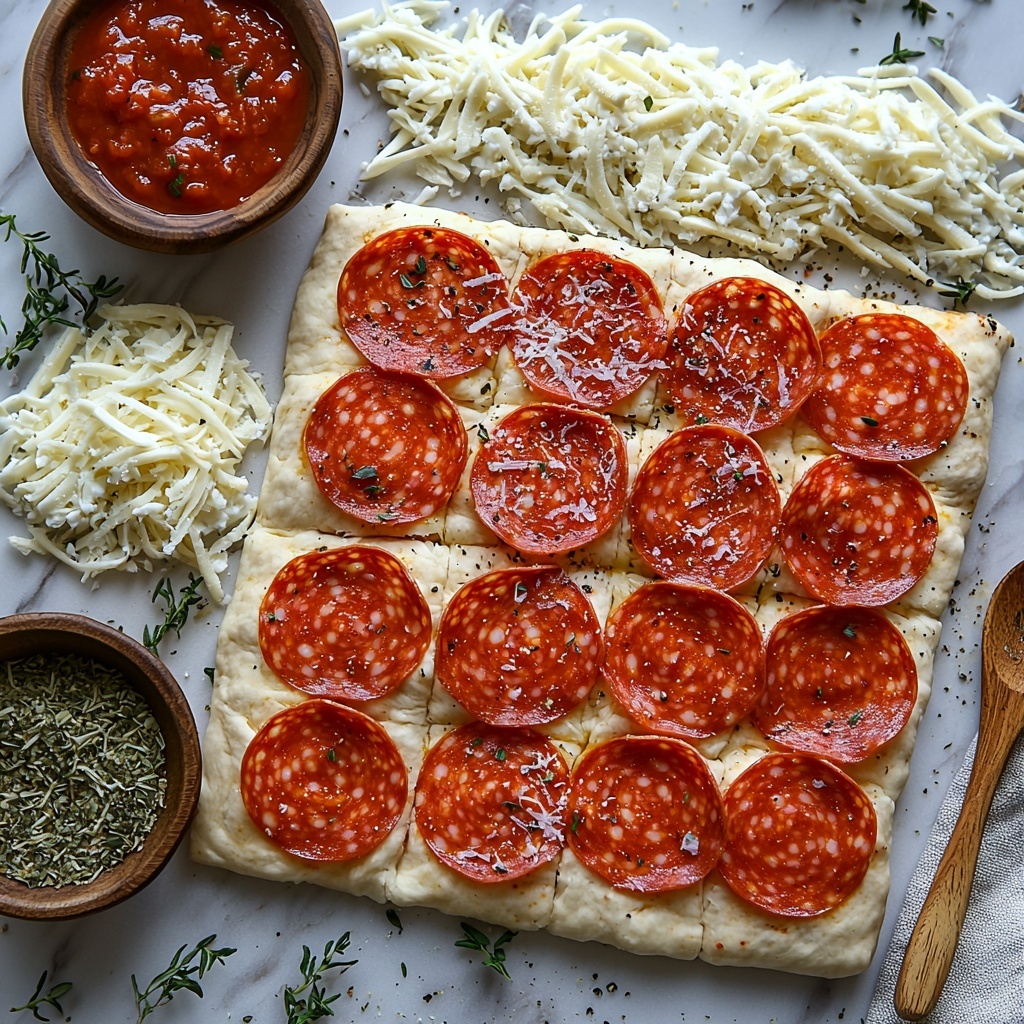 1 cup pizza dough, 15 slices pepperoni, 1 cup shredded mozzarella cheese, 1 teaspoon Italian seasoning, ½ cup marinara sauce arranged neatly on a clean white marble surface. The pizza dough is rolled out and cut into neat 3-inch squares with a slightly flour-dusted texture. Pepperoni slices are fanned out in a semi-circle, showcasing their vibrant reddish-orange color and slight gloss. The shredded mozzarella cheese is piled loosely, displaying its soft, creamy white strands. A small wooden bowl holds the bright red marinara sauce with visible tomato chunks and herbs, placed near a small wooden spoon. Scattered around are pinches of green Italian seasoning, adding a pop of color and texture contrast. Soft natural light highlights the freshness and textures, with gentle shadows for depth. Minimal props, clean composition with balanced spacing, styled for an inviting, artisanal feel. overhead shot, top down view, flat lay photography, professional food styling --ar 1:1 --q 2 --s 750 --v 6.1