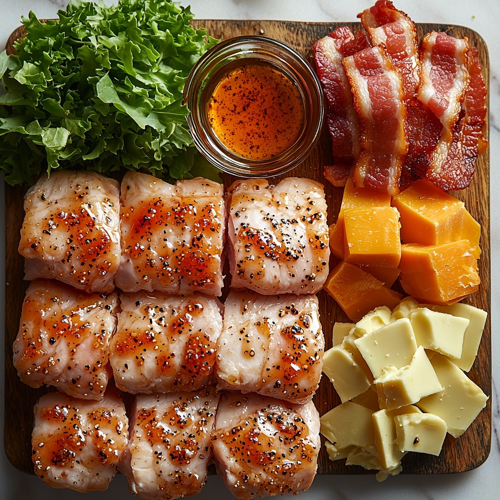 boneless skinless chicken breasts, raw and sliced into slider-sized pieces with a light seasoning of garlic powder and black pepper visible on the surface; crispy golden brown cooked bacon strips arranged in neat rows; small glass bowl filled with amber-colored pure maple syrup next to a tiny bowl of smooth Dijon mustard; a tablespoon of glossy olive oil in a rustic ceramic dish; six soft slider buns, some sliced open showing their fluffy interiors, lightly toasted with a warm golden hue; bright orange-yellow slices of cheddar cheese stacked neatly; vibrant green butter lettuce leaves with visible crisp texture; ingredients arranged artistically on a clean white marble countertop with natural soft daylight illuminating textures and colors; delicate shadows adding depth; minimalistic styling with a touch of rustic charm, a small wooden spoon resting near the maple syrup bowl; overhead shot, top down view, flat lay photography, professional food styling --ar 1:1 --q 2 --s 750 --v 6.1