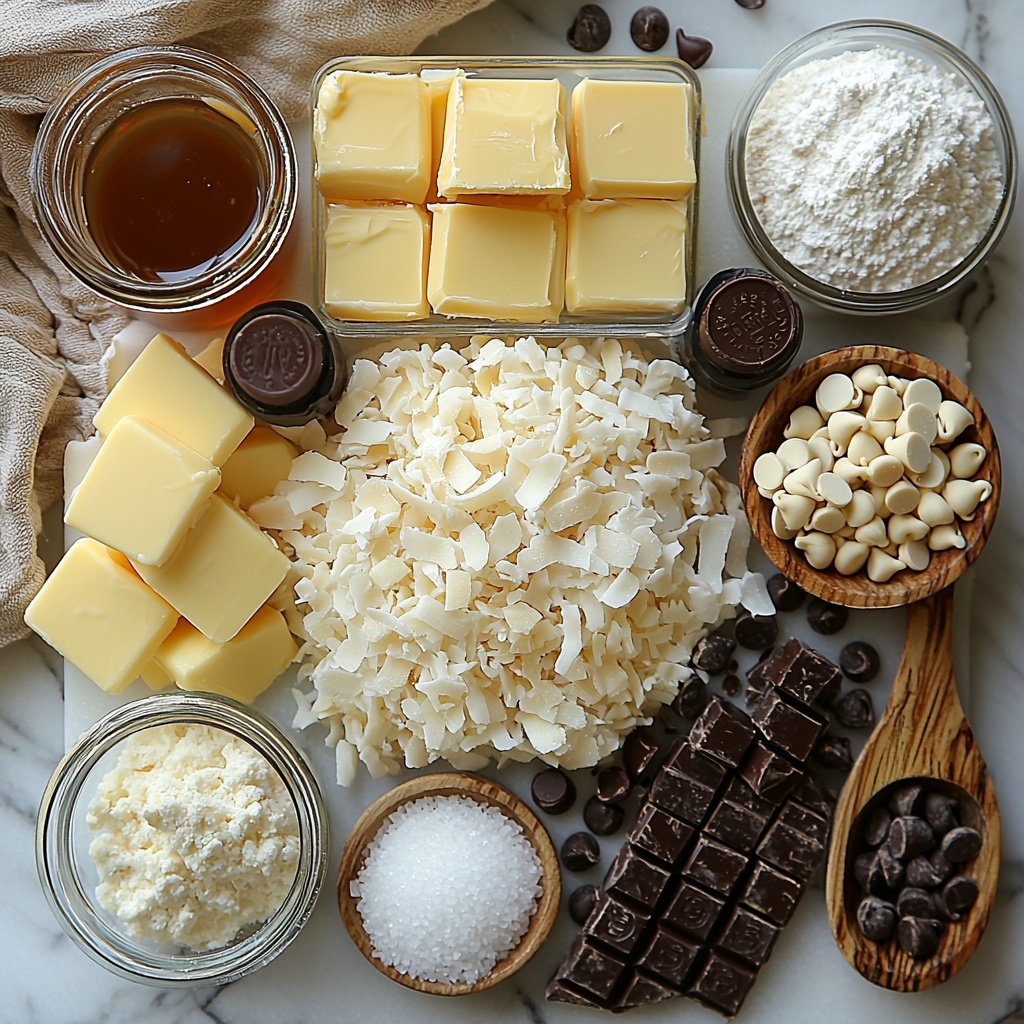 A clean white marble surface showcasing a neatly arranged assortment of ingredients for homemade Samoas cookies: a square glass bowl filled with smooth, pale yellow unsalted butter; a small clear dish holding sparkling white granulated sugar; a petite bottle labeled vanilla extract with amber liquid inside; a clear measuring cup heaped with white all-purpose flour; a tiny ramekin containing fine white salt crystals; a small bowl brimming with glossy golden caramel sauce; a neat pile of fluffy, shredded sweetened coconut, bright white with light texture; a chunk of rich, dark semisweet chocolate, deep brown with a slight sheen, alongside a few chocolate chips; and a delicate porcelain spoon with a small pool of creamy white milk. Ingredients are spaced evenly with soft natural daylight casting gentle shadows, enhancing the textures and colors. Minimal props include a linen napkin in warm beige and a rustic wooden spoon placed casually to one side. The composition is balanced, clean, bright, and inviting, highlighting contrasts between smooth, granular, and flaky textures. Overhead shot, top down view, flat lay photography, professional food styling --ar 1:1 --q 2 --s 750 --v 6.1