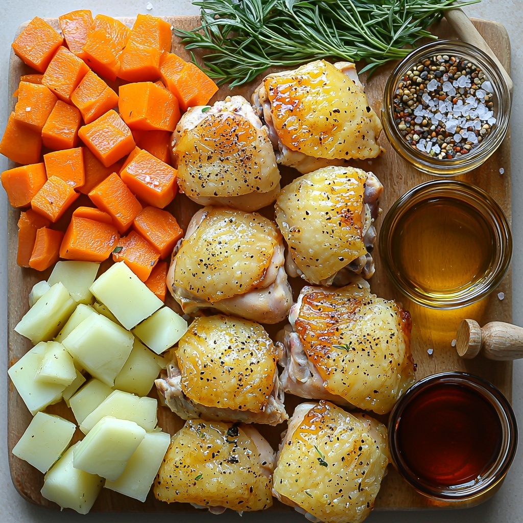 8 bone-in, skin-on chicken thighs with golden, slightly glossy skin; 2 medium Yukon gold potatoes and 1 medium sweet potato, both cut into rough 1-inch chunks with vibrant yellow and deep orange hues and natural peel textures; 2.5 cups chopped bright orange carrots sliced diagonally; 2.5 cups chopped celery stalks in fresh pale green with ribbed texture; 1 medium shallot sliced into delicate purple-white strips; 4 large cloves of garlic, minced and scattered finely; small piles of coarse salt and cracked black pepper; a small glass bowl of rich, golden olive oil; a small dish of dark amber soy sauce; a tiny bowl of amber honey with a smooth, glossy surface; a sprinkling of ground ginger in warm beige tones; all ingredients meticulously arranged on a pristine white or light wooden surface, spaced with natural, organic groupings—chicken thighs clustered toward one side, potatoes and sweet potatoes in neat chunks near carrots and celery arranged in vibrant color gradients, shallots and garlic placed as delicate accents; natural soft lighting emphasizing the varied textures from crispy skin to smooth oil and rough veggie skins; slight shadows adding depth and dimension; styled with minimal rustic props like a wooden spoon or linen napkin partially visible for warmth and context; overhead shot, top down view, flat lay photography, professional food styling --ar 1:1 --q 2 --s 750 --v 6.1