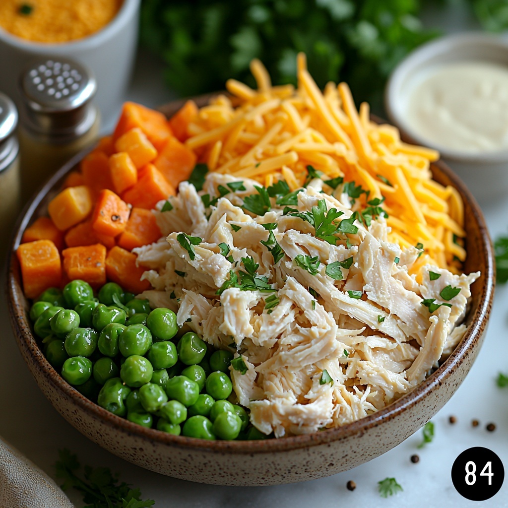 butter in a small glass bowl, golden and creamy; chopped onions and celery in separate small piles, fresh and vibrant green and white; fresh parsley sprigs bright green, loosely arranged; sliced fresh mushrooms, earthy beige and white, scattered artistically; rustic, cubed stuffing bread, golden brown with textured crusts, heaped naturally; small wooden spoons holding poultry seasoning, rubbed sage, salt, fresh thyme leaves, and freshly ground black pepper, each spice displaying distinct earthy tones; a clear glass measuring cup filled with rich, golden chicken broth; two large eggs cracked open in a white ceramic bowl, yolks bright yellow and whites translucent; all ingredients thoughtfully spaced on a clean, light wood surface with natural soft lighting emphasizing textures and colors, subtle shadows creating depth, minimalistic and cozy autumnal feel, overhead shot, top down view, flat lay photography, professional food styling --ar 1:1 --q 2 --s 750 --v 6.1