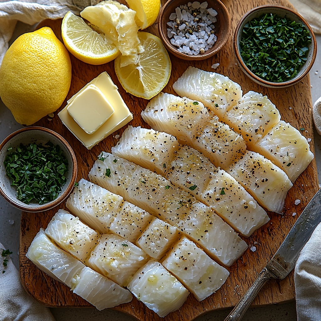 1 pound fresh haddock fillet, two tablespoons butter in a small dish, two slices of white bread next to a rustic cutting board with coarse bread crumbs, a small bowl of vibrant chopped fresh parsley, another small bowl of finely chopped fresh thyme, a pinch of salt and black pepper arranged in tiny dishes, a bright yellow lemon cut into wedges, all ingredients neatly spaced and artfully arranged on a clean, light-colored wooden surface highlighting natural textures and freshness, soft natural lighting emphasizing the contrast between the delicate white fish, golden butter, green herbs, and pale bread crumbs, minimal shadows, styled with a crisp linen napkin and a vintage silver fork for a cozy, inviting feel, overhead shot, top down view, flat lay photography, professional food styling --ar 1:1 --q 2 --s 750 --v 6.1