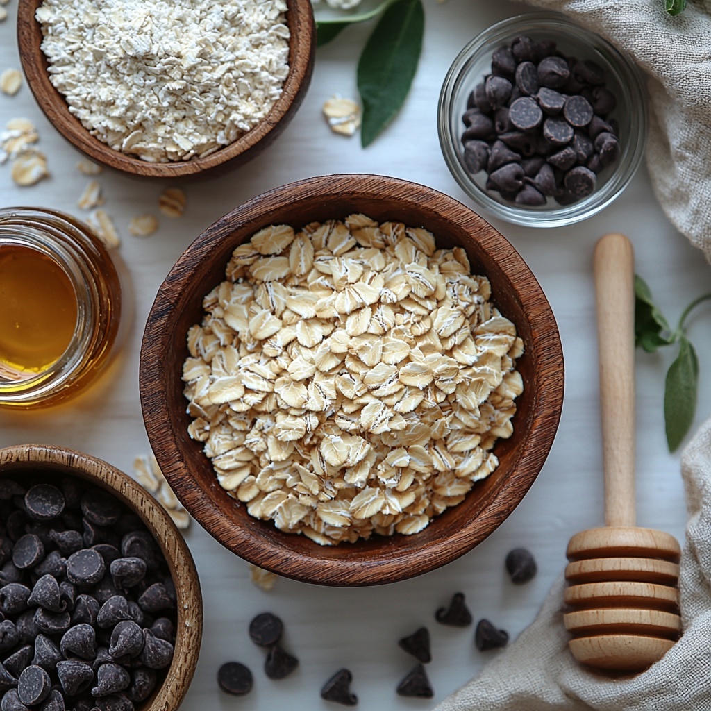 Rolled oats in a small rustic wooden bowl, spilling slightly onto a clean white surface; next to it, a neat scoop of almond flour forming a small mound with a soft, powdery texture; a heap of light beige protein powder in a glass jar with a wooden scoop; a small glass bowl of golden amber honey glistening under soft natural light; a shallow dish holding smooth, pale applesauce with a slightly glossy finish; a small ramekin with solid coconut oil chunks and a drizzle of melted coconut oil; a tiny glass bottle of vanilla extract with a dark brown liquid inside; a small pile of fine white baking soda powder; a pinch of coarse salt crystals scattered neatly on parchment paper; a small bowl of rich dark chocolate chips with a matte finish, some scattered casually nearby; all ingredients arranged harmoniously with natural props like a wooden spoon, linen napkin, and fresh green leaves for contrast; soft diffused daylight highlighting the warm natural tones and varied textures against a clean white background, emphasizing freshness and wholesome ingredients; overhead shot, top down view, flat lay photography, professional food styling --ar 1:1 --q 2 --s 750 --v 6.1