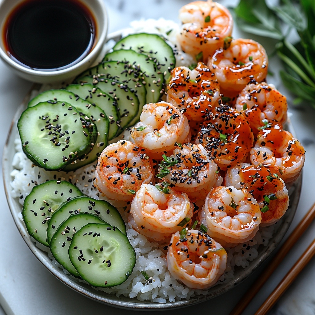 a clean white textured surface with the main ingredients arranged neatly for a spicy shrimp sushi stacks recipe: plump pink cooked shrimp, a bowl of fluffy white sushi rice, a small bowl of creamy pale orange spicy mayo (mayonnaise mixed with sriracha), a sliced ripe avocado showing its smooth green flesh and darker edges, thinly sliced pale green cucumber rounds, dark green glossy nori strips arranged artfully, scattered black and white sesame seeds adding contrast and texture, a small dipping bowl of dark soy sauce with a glossy surface, all ingredients spaced evenly with natural daylight casting soft shadows, minimalistic and elegant styling with a few bamboo chopsticks and subtle green leaves as props, overhead shot, top down view, flat lay photography, professional food styling --ar 1:1 --q 2 --s 750 --v 6.1