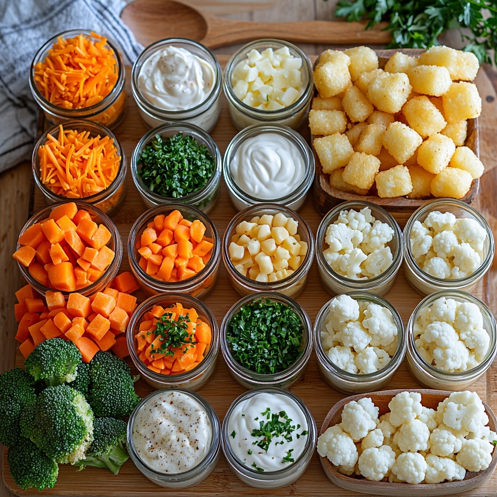 broccoli florets, sliced carrots, cauliflower florets, cream of mushroom soup in a small rustic bowl, sour cream in a white ceramic ramekin, shredded cheddar cheese piled in small neat mounds, garlic powder and onion powder in tiny glass spice jars, frozen tater tots arranged in a neat grid, fresh chopped parsley scattered loosely, all laid out on a clean light wooden surface with natural soft lighting, vibrant contrasting colors of green broccoli, bright orange carrots, creamy white cauliflower and sour cream, rich golden cheddar cheese, rustic textures of florets and tots, minimal shadows, styled with casual elegance including a small wooden spoon and linen napkin nearby for warmth and depth, overhead shot, top down view, flat lay photography, professional food styling --ar 1:1 --q 2 --s 750 --v 6.1