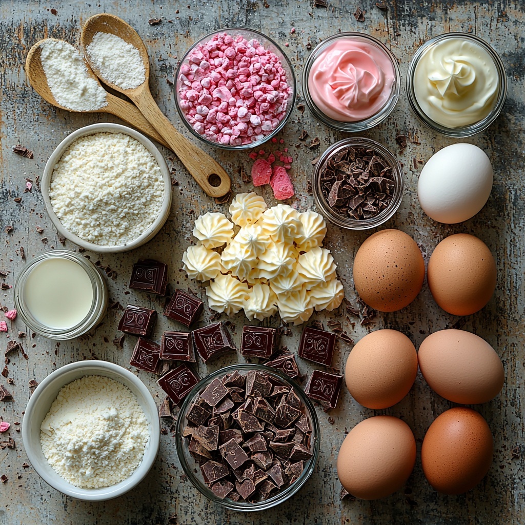 A clean, bright surface showcasing the ingredients for a Valentine’s Terrazzo Cake recipe arranged neatly in a harmonious flat lay. In one area, a small heap of all-purpose flour (off-white powdery texture) alongside a set of measuring spoons with baking powder and salt—fine, white powders. Nearby, a soft block of unsalted butter with a smooth, creamy yellow appearance, accompanied by granulated sugar in a rustic white ceramic bowl sparkling like tiny crystals. Four large brown eggs with smooth shells rest beside a small glass jar of rich golden vanilla bean paste. A clear glass measuring cup holds whole milk, milky white and glossy.
For the filling, a bowl of softened cream cheese with a creamy, dense texture sits next to a small pile of powdered sugar, fine and snowy white, and a tiny bottle of vanilla extract. Next to it, cold heavy whipping cream in a frosty chilled glass vessel.
The terrazzo chocolate shards appear as colorful irregular chunks in delicate shades of red, pink, burgundy, and ivory, laid out on crinkled parchment paper, their glossy, smooth white chocolate surfaces infused with vibrant gel food coloring swirled in artistic blobs.
Also styled are buttery soft light pink buttercream dollops in a bowl with a silky, fluffy texture, powdered sugar strewn softly nearby, a few tablespoons of heavy cream for texture, and a small vial of vanilla extract.
All elements are spaced thoughtfully, with natural light casting soft shadows, emphasizing textures from powdery flour to creamy butter and glossy chocolate shards. The composition balances warm creams, soft pinks, and rich reds against the bright, clean background, styled with minimal props—wooden spoons, measuring cups, and white bowls—to create an inviting and elegant mood.
Overhead shot, top down view, flat lay photography, professional food styling --ar 1:1 --q 2 --s 750 --v 6.1