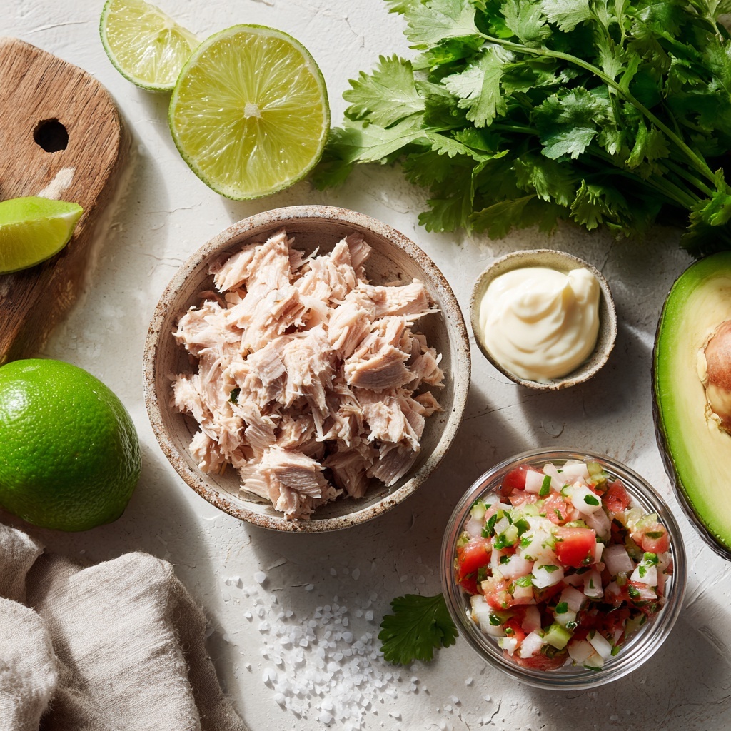 5 ounces drained Albacore tuna in a small rustic bowl with visible flaky texture, a small dollop of creamy mayonnaise in a white ceramic spoon, a bunch of fresh bright green cilantro sprigs loosely arranged nearby, two fresh limes—one halved showing juicy, vibrant green interior and one whole, a ripe avocado cut in half with creamy, chunky pale green flesh and dark textured skin, a small glass bowl filled with colorful pico de gallo salsa featuring red tomatoes, white onions, and green cilantro, a pinch of fine white salt sprinkled gently on a wooden surface. All ingredients carefully spaced out on a clean white matte surface with soft natural light casting subtle shadows to enhance textures, styled with minimal props such as linen napkin edges and a wooden cutting board partially in frame to add warmth and rustic charm. Overhead shot, top down view, flat lay photography, professional food styling --ar 1:1 --q 2 --s 750 --v 6.1