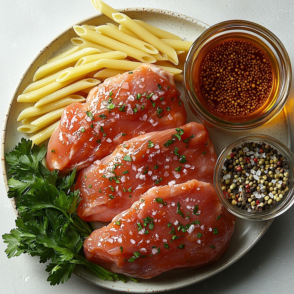 A clean, bright surface showcasing the main ingredients for Honey BBQ Chicken Penne arranged neatly in a flat lay style. Two large raw boneless, skinless chicken breasts with a subtle pale pink hue sit on a small white ceramic plate. Nearby, a small glass bowl filled with glossy, amber-colored honey BBQ sauce catches the light. Scattered uncooked penne pasta pieces, their pale golden yellow smooth tubes adding texture and pattern, are fanned out beside a clear measuring cup filled with translucent, light golden chicken broth. A small glass dish of rich, golden olive oil adds warmth to the palette. Fresh chopped bright green parsley leaves and fresh green onion rings are arranged in a tiny bowl, bringing a pop of vibrant color. Coarse grains of salt and black peppercorns are casually sprinkled near the edges to complete the composition. The arrangement balances natural textures and colors with minimalist elegance, styled with soft natural light to enhance shadows and highlights. The image conveys freshness and simplicity, emphasizing each ingredient’s form and color. Overhead shot, top down view, flat lay photography, professional food styling --ar 1:1 --q 2 --s 750 --v 6.1