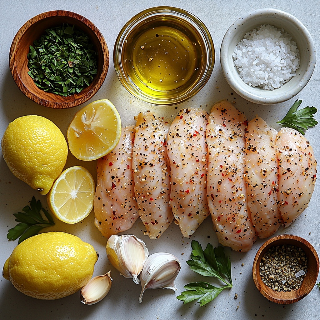 4 boneless, skinless chicken breasts, fresh and plump with a light pink hue, arranged neatly in one corner; 1 cup clear chicken broth in a small glass bowl reflecting light softly; 2 bright yellow lemons, one halved showing juicy, glistening segments and one whole with textured, vibrant peel; 2 tablespoons golden olive oil pooled slightly on a white ceramic spoon; 4 whole garlic cloves, creamy white with papery skins partially peeled to reveal smooth surfaces; small bowls containing dried oregano and thyme with fine, earthy green textures; a pinch of coarse salt and freshly ground black pepper displayed on a rustic wooden scoop; 1 cup long-grain white rice, a small mound with shiny, distinct grains; 2 cups water in a clear glass measuring cup; fresh green parsley sprigs neatly fanned out for garnish; all ingredients arranged artfully on a clean matte white surface with natural soft daylight, subtle shadows to highlight textures, minimalistic rustic props like a linen napkin and a wooden spoon added for warmth and depth. Overhead shot, top down view, flat lay photography, professional food styling --ar 1:1 --q 2 --s 750 --v 6.1