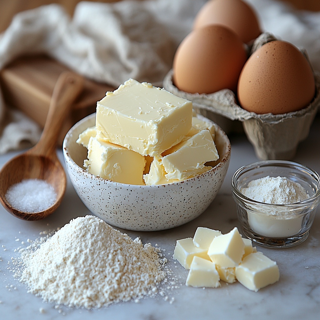 Softened unsalted butter in a small white ceramic bowl with a smooth, creamy texture, an 8 oz block of cream cheese wrapped partially in parchment paper showing a rich, velvety surface, a clear glass bowl filled with sparkling white granulated sugar crystals, six fresh large brown eggs arranged neatly in a rustic carton, a heap of light, fine all-purpose flour on a white ceramic plate with a teaspoon of salt beside it, a small glass bowl of golden vanilla extract reflecting warm light. All ingredients are carefully spaced and arranged on a clean, matte white surface, natural soft daylight highlighting the varied textures—from the creamy softness of butter and cream cheese to the powdery flour and glossy eggshells. Minimal shadows, natural props like a wooden spoon and a linen napkin subtly placed to add warmth, creating an inviting, clean, and fresh look. Overhead shot, top down view, flat lay photography, professional food styling --ar 1:1 --q 2 --s 750 --v 6.1