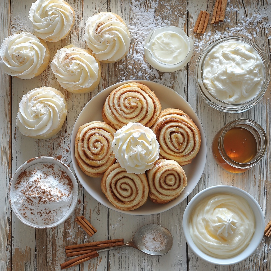 a clean, light wood surface with a 5-pack of soft, spiraled cinnamon rolls arranged in a neat row, one cinnamon roll slightly unwrapped showing the gooey cinnamon swirls; a small bowl filled with smooth, creamy white cream cheese icing next to a separate bowl of fluffy whipped cream cheese glaze with a dusting of powdered sugar on top; scattered small heaps of powdered sugar and ground cinnamon adding fine texture; a small glass measuring cup with rich golden maple syrup catching light; a vintage silver spoon resting beside a container of softened cream cheese with a velvety surface, and a small white ramekin holding thick heavy cream; warm, natural daylight illuminating the soft beige and cream tones with hints of warm brown from the cinnamon, highlighting the glossy and creamy textures; minimalist styling with balanced spacing and slight shadows for depth, accented with a few delicate cinnamon sticks and a light dusting of powdered sugar on the surface for an inviting, cozy feel overhead shot, top down view, flat lay photography, professional food styling --ar 1:1 --q 2 --s 750 --v 6.1