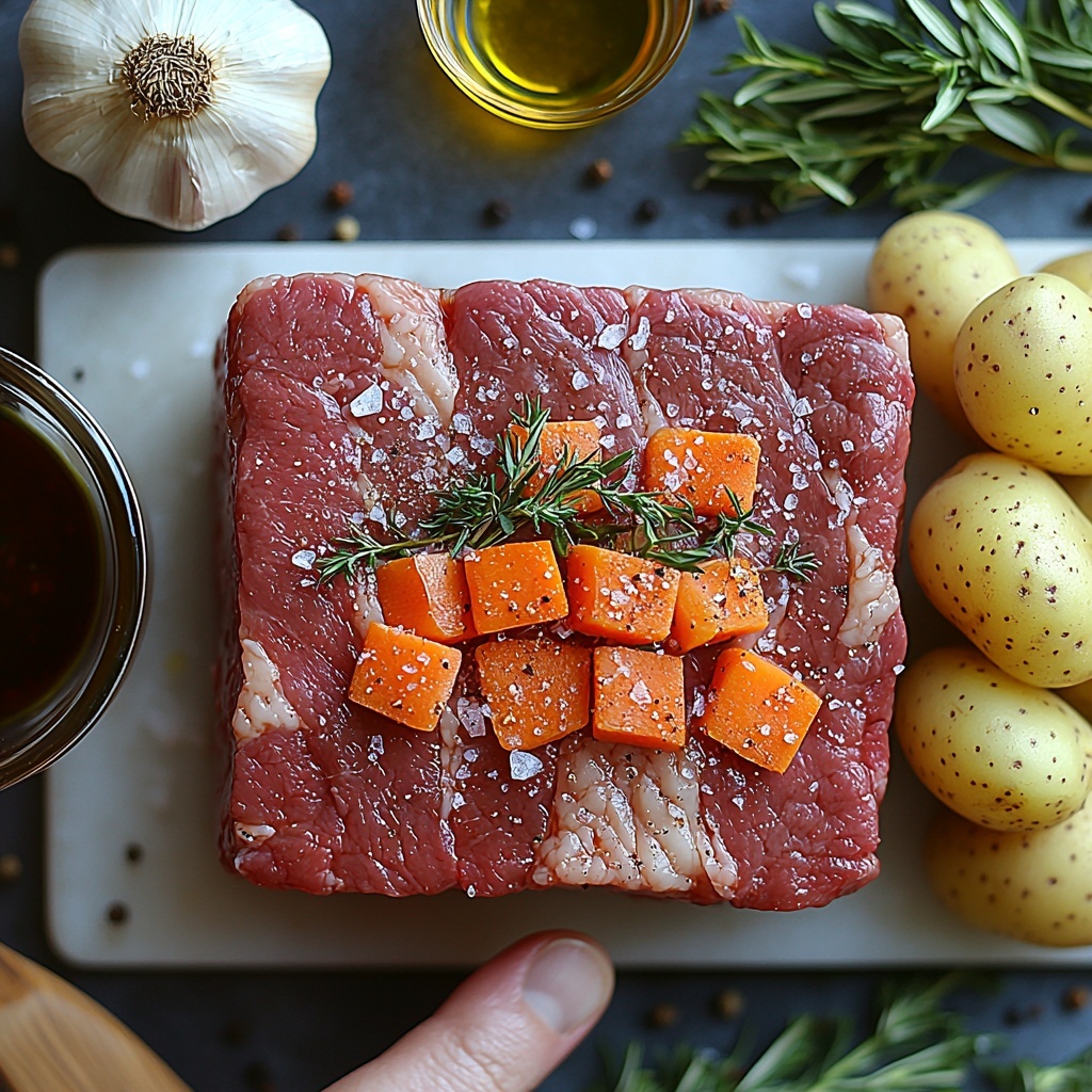 3 lbs raw chuck roast with rich marbling, coarse kosher salt crystals and freshly cracked black pepper scattered around, a small glass bowl of golden olive oil, two roughly chopped bright orange carrots, two celery stalks chopped into rustic pieces with fresh green hues, one yellow onion quartered with papery skin fragments, one to two whole garlic heads with pale creamy peeled cloves arranged neatly, a small dish of deep red tomato paste with a smooth texture, a clear glass measuring cup filled with dark burgundy red wine, a rustic bowl of rich brown beef stock, a bundle of fresh herbs including rosemary sprigs, thyme, sage leaves, bay leaves, and flat parsley with vibrant green colors, a pile of one pound small new potatoes with smooth light tan skin, all ingredients artfully spaced on a clean white surface with natural light casting soft shadows, subtle rustic wooden spoon and linen napkin as accents, overhead shot, top down view, flat lay photography, professional food styling --ar 1:1 --q 2 --s 750 --v 6.1