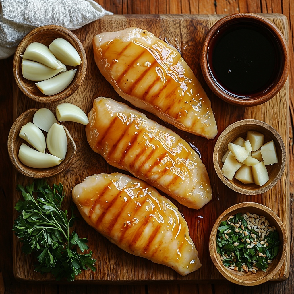 A clean, light wooden surface featuring all main ingredients for honey garlic chicken breasts arranged in a balanced flat lay composition: two large, plump raw chicken breasts with a slight sheen, placed side by side; beside them, four peeled garlic cloves, finely minced with some small chopped pieces scattered nearby to show texture; a small clear glass bowl with golden, glossy honey catching the light; another small bowl containing dark, rich soy sauce with a smooth surface reflecting softly; a few rustic wooden spoons holding the honey and soy sauce adding natural warmth; subtle fresh green herbs or a sprig of parsley nearby for a pop of color and freshness; soft natural lighting highlighting the varied textures—the smooth chicken flesh, the rough minced garlic, the shiny honey, and the liquid soy sauce—shadows gently diffused; minimal white linen napkin partially visible at the edge to add a cozy kitchen vibe; overhead shot, top down view, flat lay photography, professional food styling --ar 1:1 --q 2 --s 750 --v 6.1
