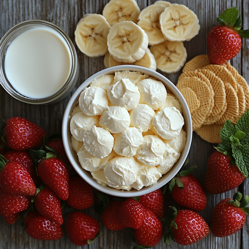 Cream cheese (softened) in a small white bowl with creamy smooth texture, a can of sweetened condensed milk opened showing glossy thick liquid, a neat packet of French vanilla pudding mix with soft yellow powder spilled slightly, a glass measuring cup filled with cold milk, a stack of golden vanilla wafers arranged in a neat pile and some scattered gluten-free wafers nearby, three medium bananas sliced into round pieces with pale yellow flesh, a bowl overflowing with bright red sliced strawberries showing juicy texture and vibrant seeds, a bowl of fluffy white whipped topping with soft peaks, all ingredients laid out on a clean light wooden surface with natural soft daylight emphasizing fresh colors and textures, subtle shadows for depth, minimalistic styling with small sprigs of green mint leaves for contrast, overhead shot, top down view, flat lay photography, professional food styling --ar 1:1 --q 2 --s 750 --v 6.1