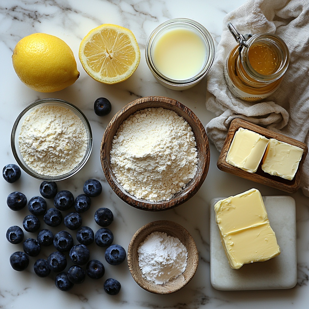 4 large eggs in a small rustic bowl with smooth brown shells, a glass measuring cup filled with creamy whole milk, a white ceramic bowl of fine all-purpose flour with a light powdery texture, a small glass jar of granulated sugar sparkling under soft light, a tiny glass vial of amber vanilla extract, a small bowl of bright yellow lemon zest with fine strands, a scattered handful of plump fresh blueberries with glossy deep blue and purple skins, a small square dish of creamy unsalted butter with a soft texture, a delicate sifter with powdered sugar dusting the surface nearby, and a fresh halved lemon showing juicy vibrant yellow flesh. All ingredients arranged neatly on a clean white marble countertop, surrounded by soft natural light casting gentle shadows, styled with minimal rustic props like a wooden spoon and linen napkin for contrast. The composition balanced to show texture and color harmony, emphasizing freshness and simplicity. Overhead shot, top down view, flat lay photography, professional food styling --ar 1:1 --q 2 --s 750 --v 6.1