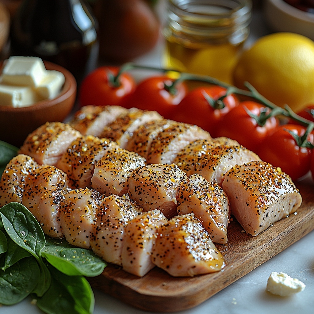 boneless skinless chicken breasts sliced and halved, seasoned with lemon pepper, arranged neatly; small bowl of lemon pepper seasoning with coarse texture; glass measuring cup with creamy half and half mixed with chicken broth, slightly frothy liquid; chicken bouillon cube beside broth mixture; small jar of golden avocado oil with reflective surface; stems of fresh garlic cloves, peeled and minced garlic pile; bottle of dry white wine with deep amber tone; cube of butter on a wooden board; bundle of uncooked angel hair pasta fanned out; vibrant baby spinach leaves stacked loosely, rich green color with natural veins; halved glossy cherry tomatoes with seeds visible; glossy black kalamata olives in small ceramic bowl; wedge of crumbly white feta cheese on rustic plate with visible texture; small glass bowl of bright yellow lemon juice; small bowl with creamy Greek salad dressing, slightly thick texture; all ingredients arranged with space between on clean white marble surface, natural daylight, soft shadows, minimalistic styling with a few fresh herbs for contrast, subtle linen napkin at one edge, overhead shot, top down view, flat lay photography, professional food styling --ar 1:1 --q 2 --s 750 --v 6.1