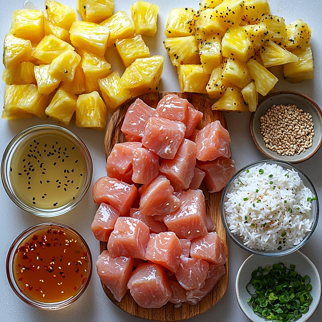 Pineapple chicken and rice ingredients neatly arranged on a clean white surface in an inviting flat lay arrangement: raw chicken breast pieces with a light pink hue, small glass bowl of golden olive or sesame oil, minced garlic cloves and a small mound of garlic powder on a wooden spoon, a clear glass measuring cup filled halfway with dark soy sauce, a small cup of bright yellow pineapple juice, a tiny bowl of rich amber honey or brown sugar crystals, a small dish containing pale rice vinegar, a small ramekin with white cornstarch powder next to a tiny cup of water, a neat mound of fluffy white cooked rice, vibrant yellow pineapple chunks in a glass bowl, diced bright red bell pepper pieces, a bunch of freshly chopped green onions with bright green tops, scattered black and white sesame seeds on a tiny plate, and a small bowl of crushed red pepper flakes for a pop of red. The textures range from smooth liquids to chunky fruits and vegetables, with contrasting colors of red, green, yellow, and white balanced harmoniously. Soft natural lighting with gentle shadows enhances freshness, subtle rustic props like a wooden spoon and glass bowls add warmth, and ample negative space keeps the composition clean and airy—overhead shot, top down view, flat lay photography, professional food styling --ar 1:1 --q 2 --s 750 --v 6.1