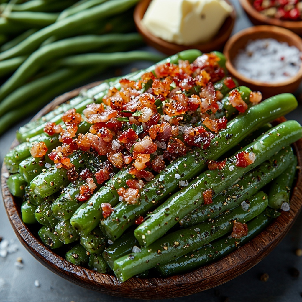Fresh green beans with vibrant green pods and trimmed ends, crispy golden-brown beef bacon crumbled into bite-sized pieces, a small pile of finely chopped translucent onion, minced garlic cloves arranged neatly, a few pats of creamy butter with smooth texture, small bowls of coarse salt, cracked black pepper, and bright red pepper flakes. Ingredients are arranged artfully on a clean white or light wooden surface, with natural soft lighting enhancing the fresh and savory colors and highlighting glossy, fresh textures of the green beans and shiny butter. Shadows are soft and inviting, creating a warm and appetizing atmosphere. Minimalistic rustic props like a wooden spoon or a small skillet edge subtly frame the composition. overhead shot, top down view, flat lay photography, professional food styling --ar 1:1 --q 2 --s 750 --v 6.1