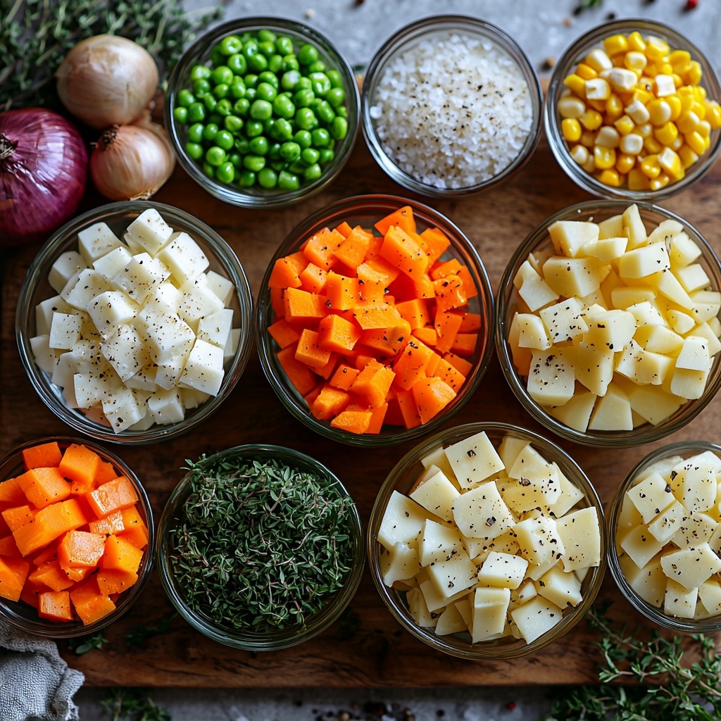 4 boneless 1-inch thick pork chops arranged side by side on a clean white marble surface, sprinkled with small piles of garlic powder, onion powder, salt, and black pepper nearby; a small heap of all-purpose flour in a rustic ceramic bowl, a pat of creamy Kerrygold unsalted butter melting on a wooden butter dish, a clear glass bowl of golden olive oil reflecting light; four minced garlic cloves displayed neatly on a white spoon, a small vintage bowl with Italian seasoning and a pinch of red pepper flakes adding vibrant red specks; a delicate glass with pale yellow dry Pinot Grigio wine beside a small bowl of low sodium chicken stock with a subtle sheen; a small jar of thick, rich heavy cream beside a half cup of sun-dried tomatoes showcasing deep red, slightly wrinkled textures; a mound of freshly grated Parmesan cheese with fine, snowy texture on a wooden board; fresh basil leaves roughly chopped, bright green with natural veins; soft natural lighting highlighting the varied textures and rich colors on a pristine background, minimal shadows, styled with simple rustic props like wooden spoons and linen napkins for warmth and contrast, careful spacing to emphasize each ingredient’s freshness and appeal — overhead shot, top down view, flat lay photography, professional food styling --ar 1:1 --q 2 --s 750 --v 6.1