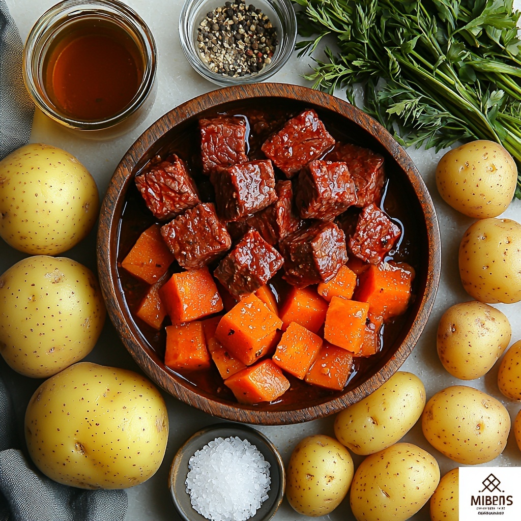 /Imagine prompt: A clean white surface beautifully arranged with the main ingredients for a slow cooker beef stew. In the center, a rustic wooden bowl filled with 2 pounds of rich, dark red cubed chuck beef, its marbled texture visible. Surrounding the beef are 4 fresh carrots, bright orange with a smooth, slightly glossy skin, some whole and some sliced to reveal their vivid interior. Nearby, 3 round potatoes with creamy beige skin and a slightly rough texture, some halved to show the pale starchy flesh. One large onion, golden brown with papery outer layers partly peeled back to expose the crisp white rings inside. A glass measuring cup filled with 3 cups of deep brown beef broth, its surface reflecting light softly. Small piles of coarse sea salt and cracked black peppercorns are sprinkled artfully beside the ingredients. The composition is balanced and inviting, with natural lighting highlighting the vibrant colors and varied textures, minimal shadows, and subtle props such as a linen napkin partially visible at the corner to add warmth and depth. overhead shot, top down view, flat lay photography, professional food styling --ar 1:1 --q 2 --s 750 --v 6.1