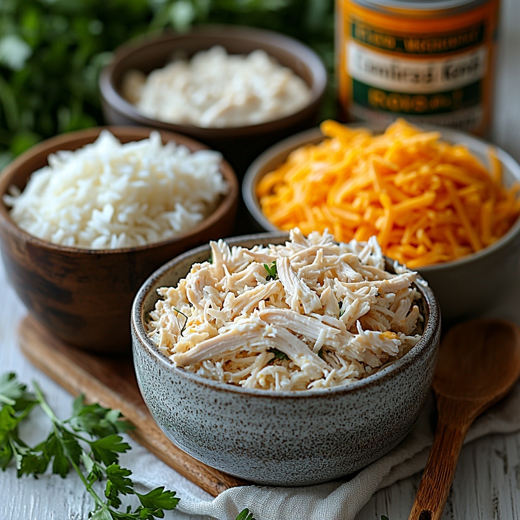 A clean white wooden surface with ingredients for Cheesy Chicken & Rice Bake neatly arranged in separate bowls and small ramekins: tender shredded cooked chicken in a rustic ceramic bowl, fluffy cooked white rice in a clear glass bowl showcasing its texture, a small vintage can of cream of chicken soup partially opened with the label visible, and a shallow dish of vibrant orange shredded cheddar cheese with fine, delicate strands. Include a silver measuring cup and a wooden spoon casually placed nearby to add warmth and a homely feel. Soft natural light from the side casting gentle shadows, highlighting the creamy, cheesy textures and subtle color contrasts between the white rice, golden chicken, and bright cheese. Minimalist styling with a neutral linen napkin folded beside the bowls to give an inviting, cozy kitchen ambiance. A few sprigs of fresh parsley scattered lightly around for a pop of green. Overhead shot, top down view, flat lay photography, professional food styling --ar 1:1 --q 2 --s 750 --v 6.1