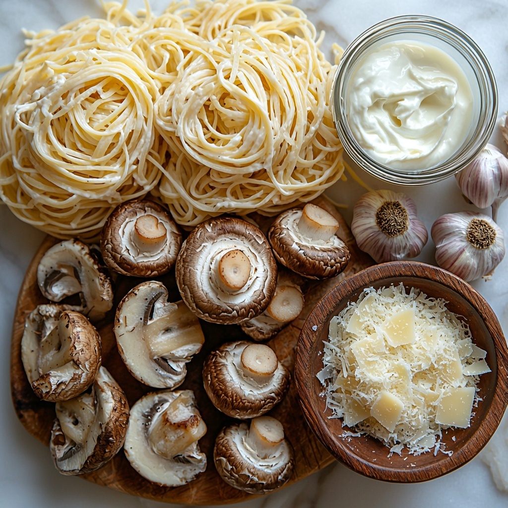 Twelve ounces of uncooked pasta, a cluster of fresh whole and sliced brown mushrooms, two whole garlic cloves with papery skins intact, a small glass bowl filled with smooth heavy cream, and a rustic wooden bowl holding grated Parmesan cheese, all arranged meticulously on a clean white marble surface. The pasta is loosely coiled to show its texture, mushrooms fanned out to reveal their earthy tones and gills, garlic cloves placed naturally nearby, cream’s glossy surface catching soft light, and Parmesan offering a snowy contrast. Soft natural lighting highlights the creamy whites, warm browns, and subtle off-whites, with gentle shadows adding depth. Minimalist styling with a hint of kitchen linen subtly folded at the corner enhances the fresh, wholesome feel. Overhead shot, top down view, flat lay photography, professional food styling --ar 1:1 --q 2 --s 750 --v 6.1