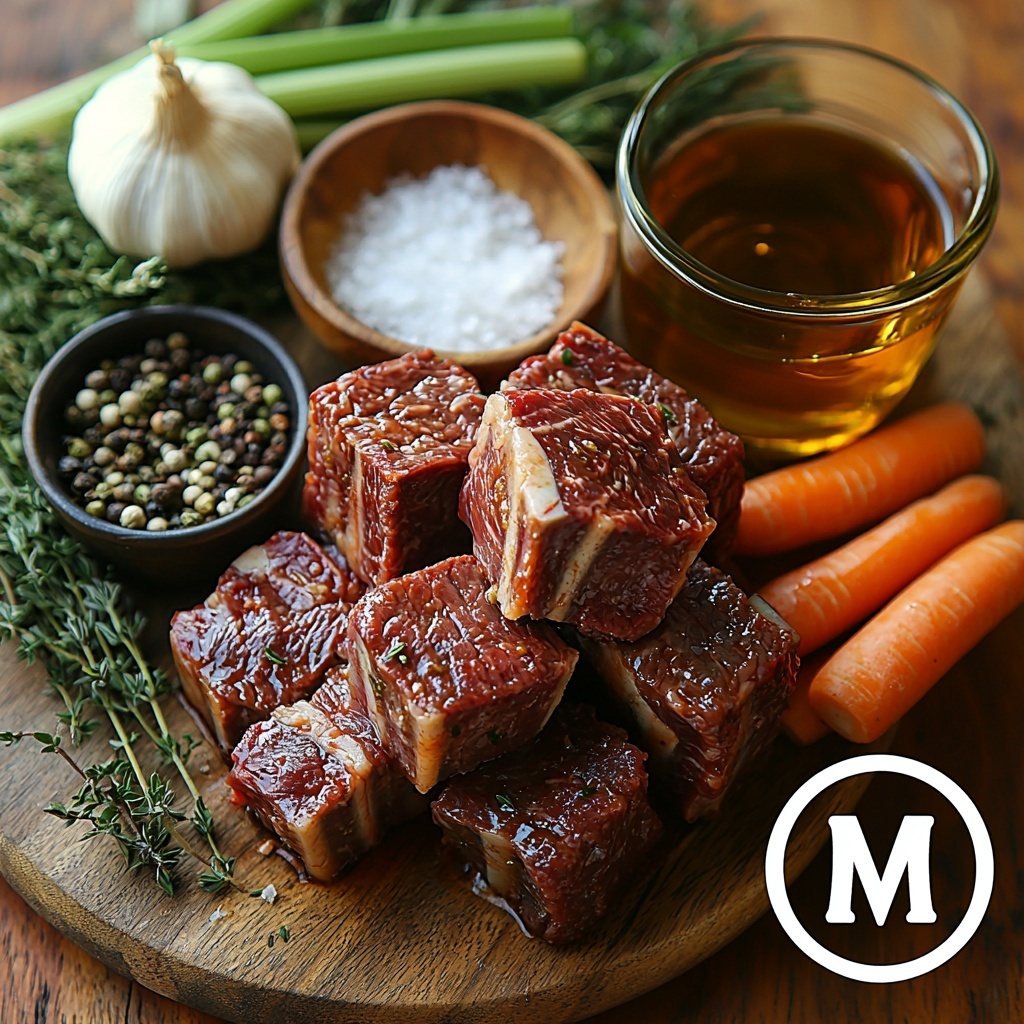 4 lbs beef short ribs with rich marbling and deep red color, whole unpeeled onion chopped into large chunks, three cloves garlic peeled and minced with papery skins nearby, two bright orange carrots roughly chopped showing natural texture, two celery stalks cut into crisp, pale green pieces, small glass bowl of golden olive oil with glossy sheen, clear glass measuring cup filled with amber apple cider, fresh sprigs of green thyme with delicate leaves scattered, coarse salt crystals and cracked black peppercorns in small rustic bowls, all ingredients thoughtfully arranged on a clean light wooden surface with soft natural lighting highlighting the vibrant colors and varied textures, minimal shadows, some ingredients overlapping gently for visual interest, natural and approachable styling emphasizing freshness and homeliness, overhead shot, top down view, flat lay photography, professional food styling --ar 1:1 --q 2 --s 750 --v 6.1